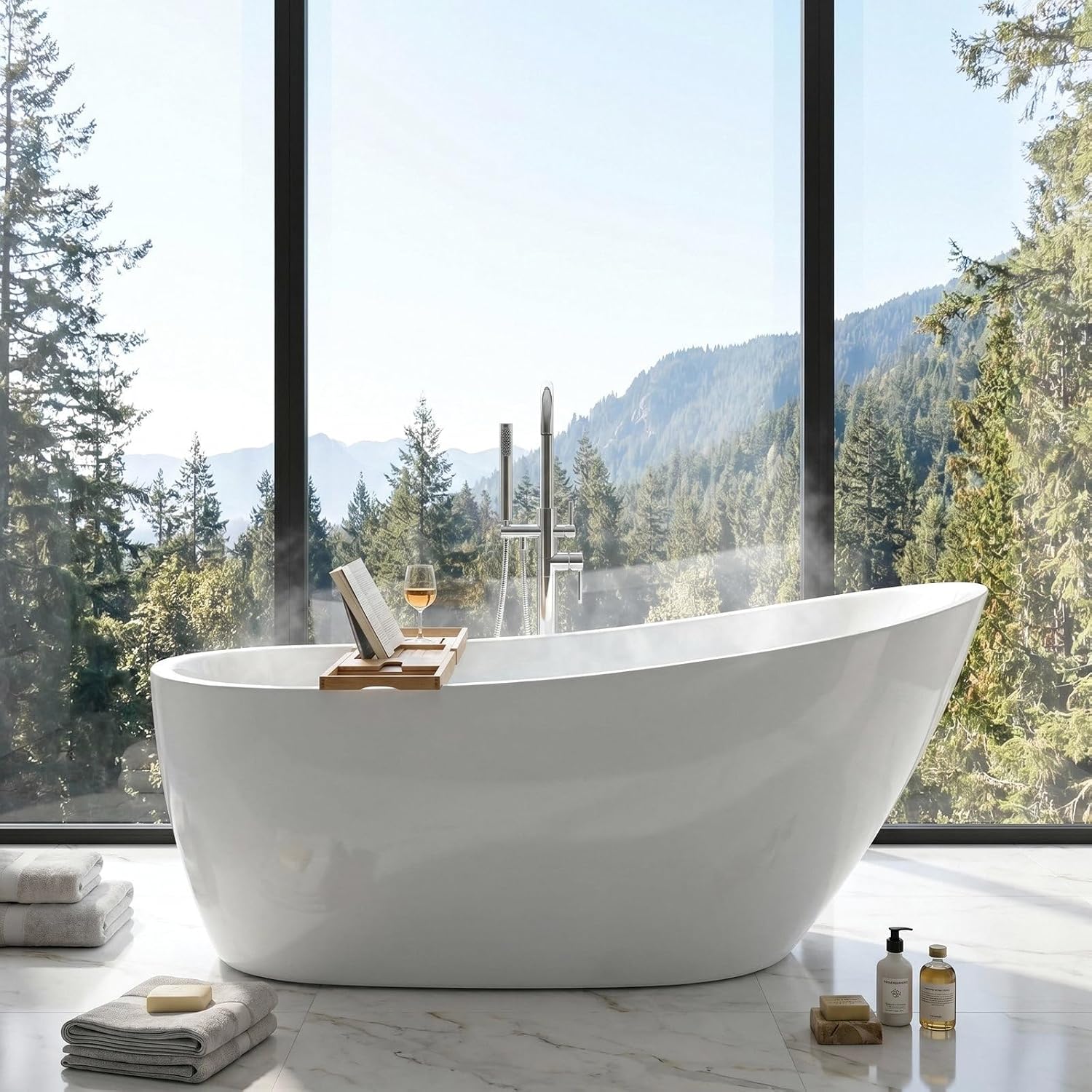 67' Acrylic Freestanding Bathtub, 15' Deep Double-Walled Insulated Soaking Tub with Ergonomic High Backrest, cUPC Certified Stand Alone Oval Bath Tub with Polished Chrome Overflow & Drain, Gloss White