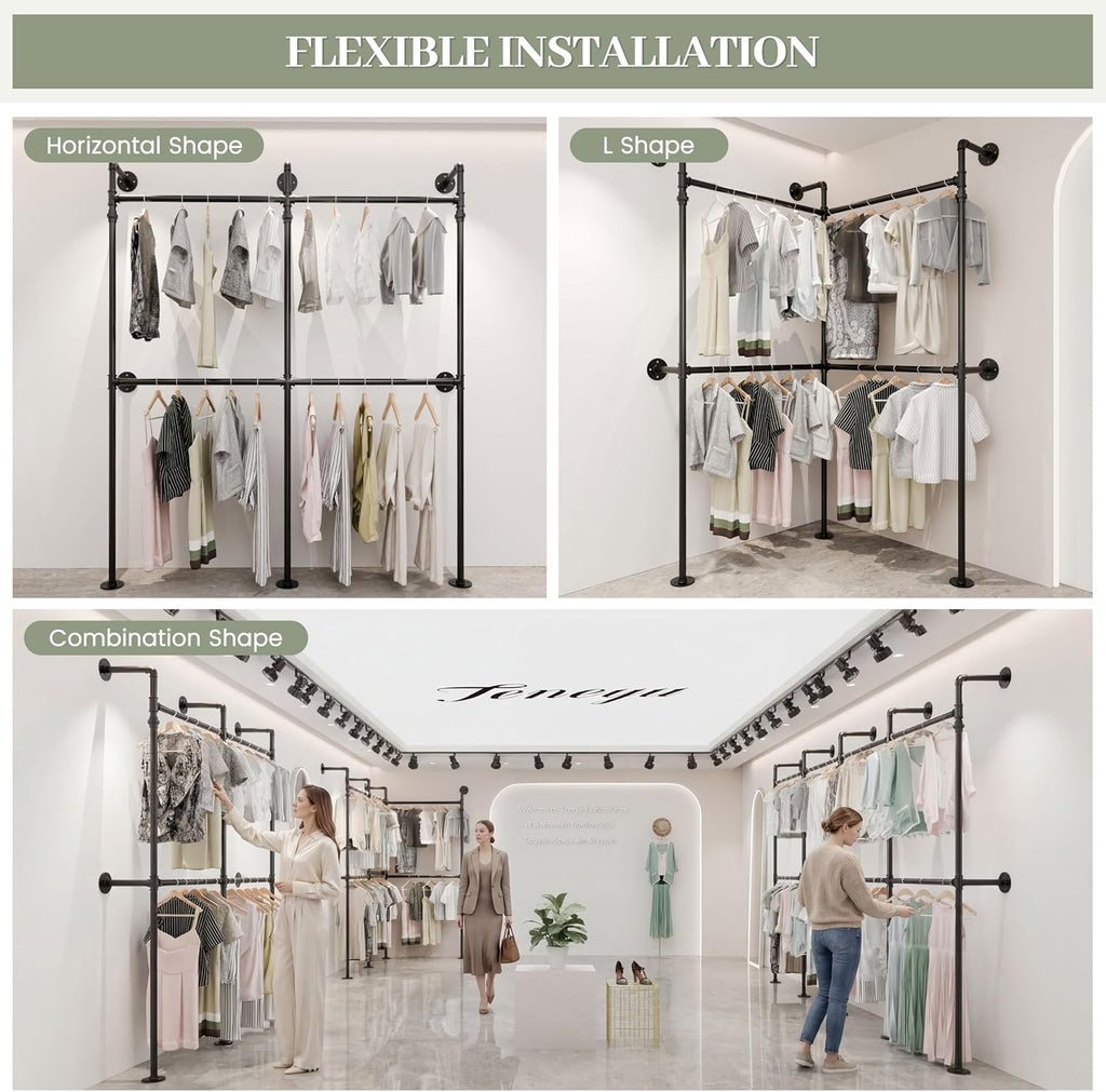 Industrial Pipe Garment Rack, Reversible L - Shaped Wall - Mounted Clothing Rack, 70.9' Heavy Duty Closet Wardrobe System, Black Powder - Coated Steel for Walk - in Closet