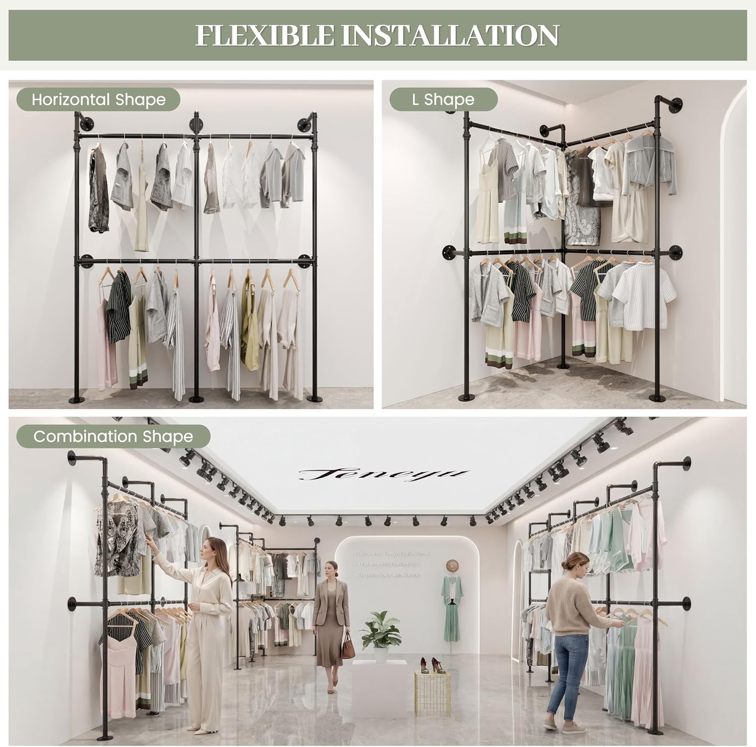 Industrial Pipe Garment Rack, Reversible L - Shaped Wall - Mounted Clothing Rack, 70.9' Heavy Duty Closet Wardrobe System, Black Powder - Coated Steel for Walk - in Closet