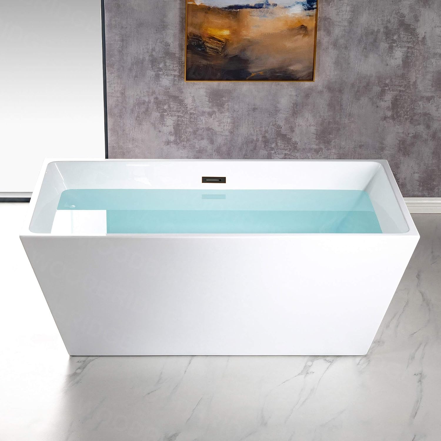 WOODBRIDGE 59' Acrylic Freestanding Bathtub Contemporary Soaking White Tub with Matte Black Overflow and Drain，BTA1412-MB-Drain&O