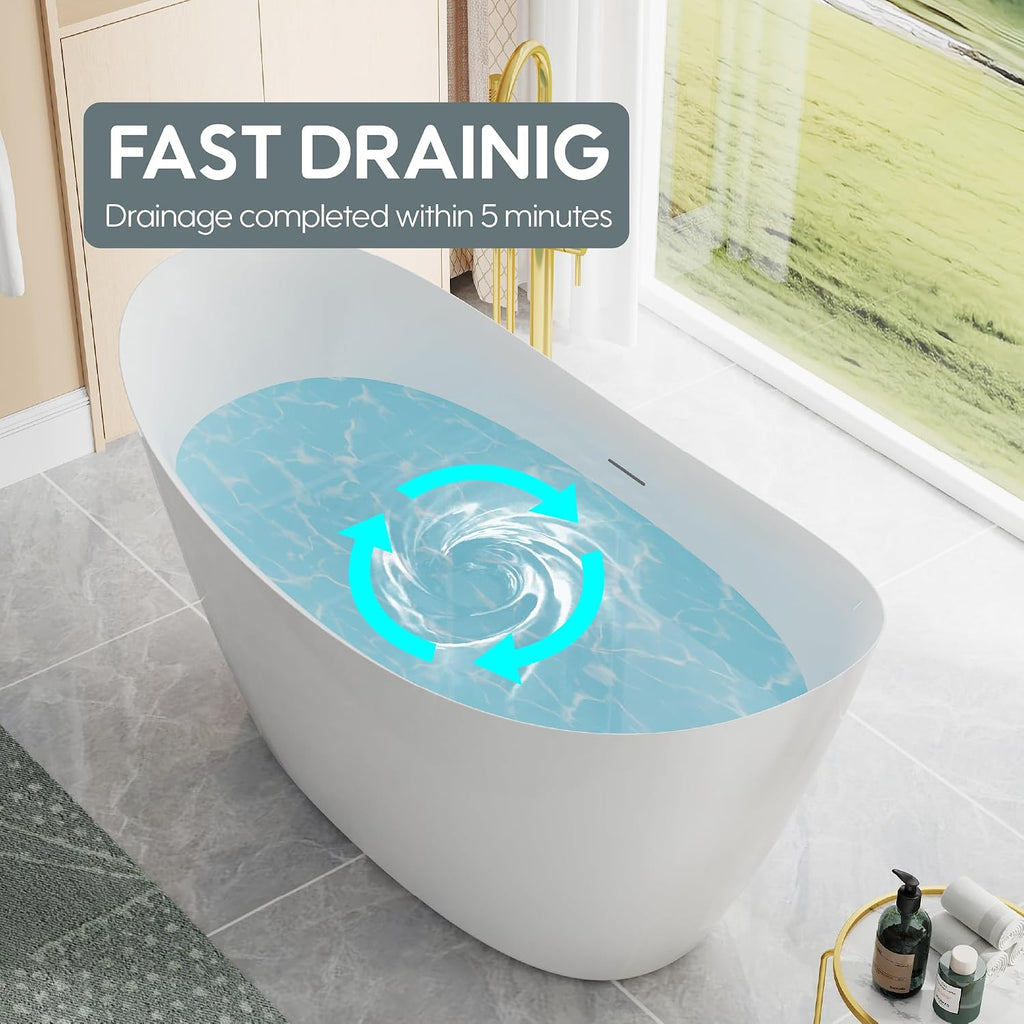 WELLFOR 60' Freestanding Acrylic Bathtub with Drain and Integrated Slotted Overflow, Soaking Bath Tub with Predrilled Overflow Holes, Soaking Bath Tub 56 Gallons Capacity, Glossy White