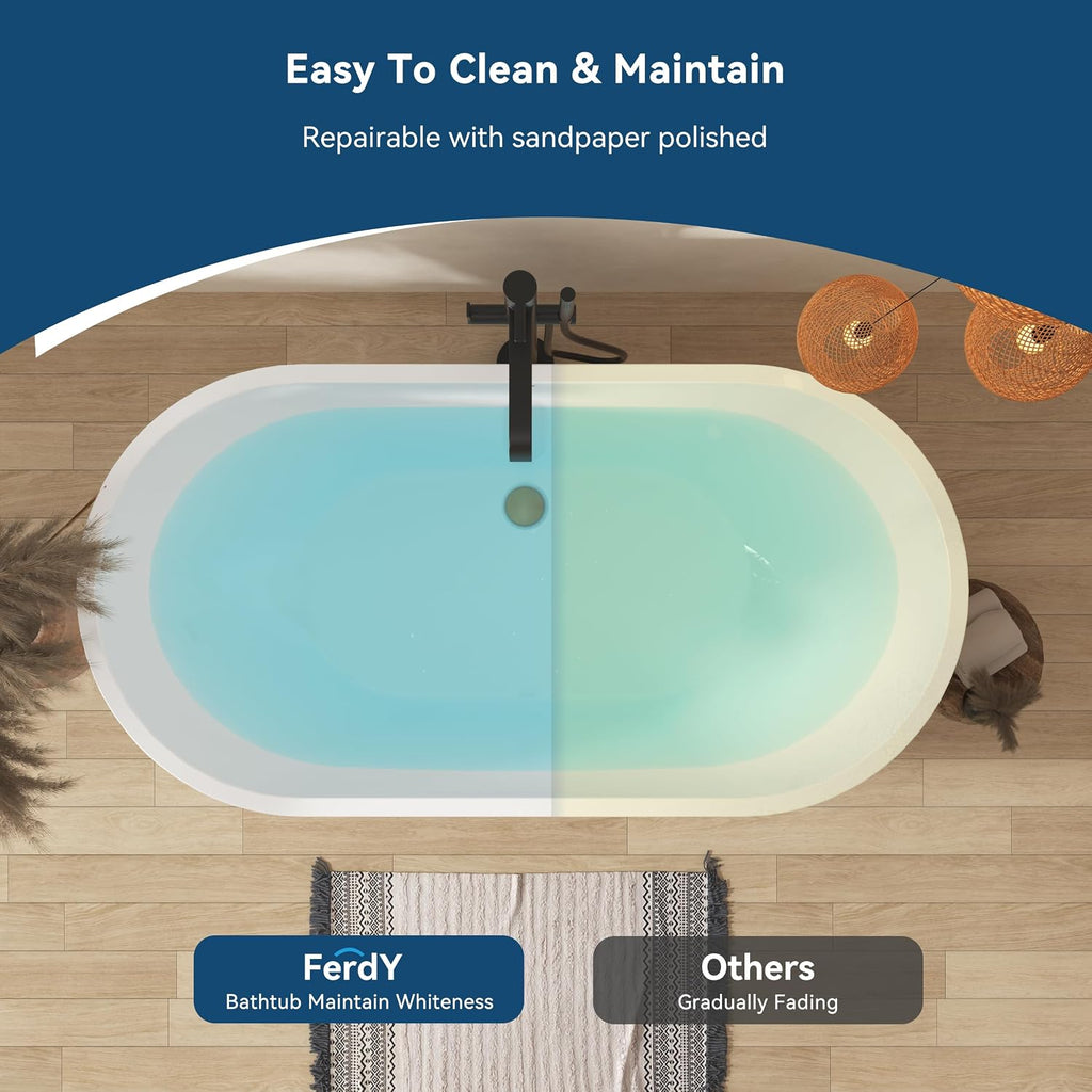 FerdY 55' Acrylic Freestanding Bathtub, Contemporary Soaking tub with Brushed Gold Drain, Elegant Oval Shape, cUPC Certified, Bali