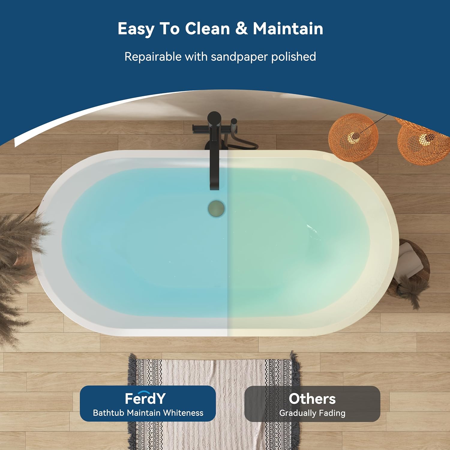 FerdY 55' Acrylic Freestanding Bathtub, Contemporary Soaking tub with Brushed Gold Drain, Elegant Oval Shape, cUPC Certified, Bali