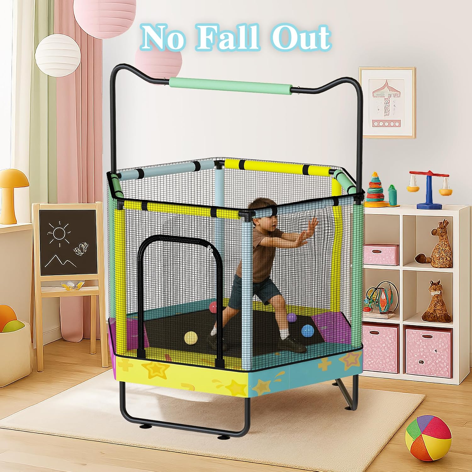 Lamerge Kids Trampoline, Indoor Trampoline Approved by ASTM, Safety Enclosure Net and Adjustable Handrail, 1-8 Children, 500lbs Capacity, 7-in-1, 60'