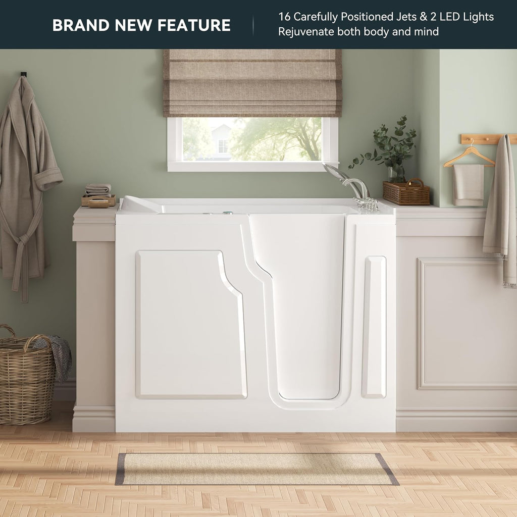 FerdY 55' x 33' Walk-in Whirlpool Bathtub with Right-Side Door Opening, 16 Air & Water Jets, Quick Fill and Drain System, Shower Combo with Rectangular Soaking Bathtub in White, Floridian