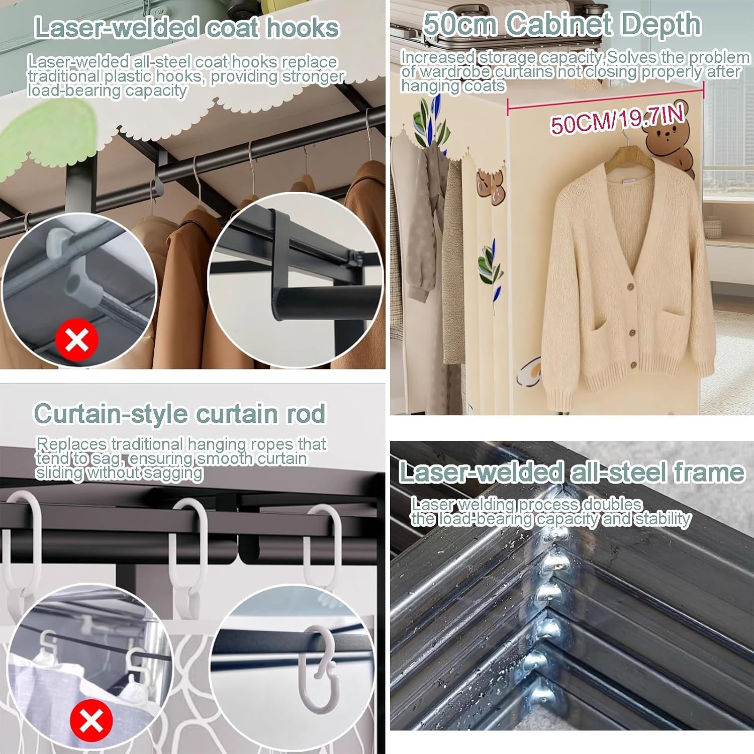 Foldable Portable Wardrobe Closet with Cover, Heavy Duty Clothing Rack for Hanging Clothes, Metal Garment Rack(54.7in/139cm)