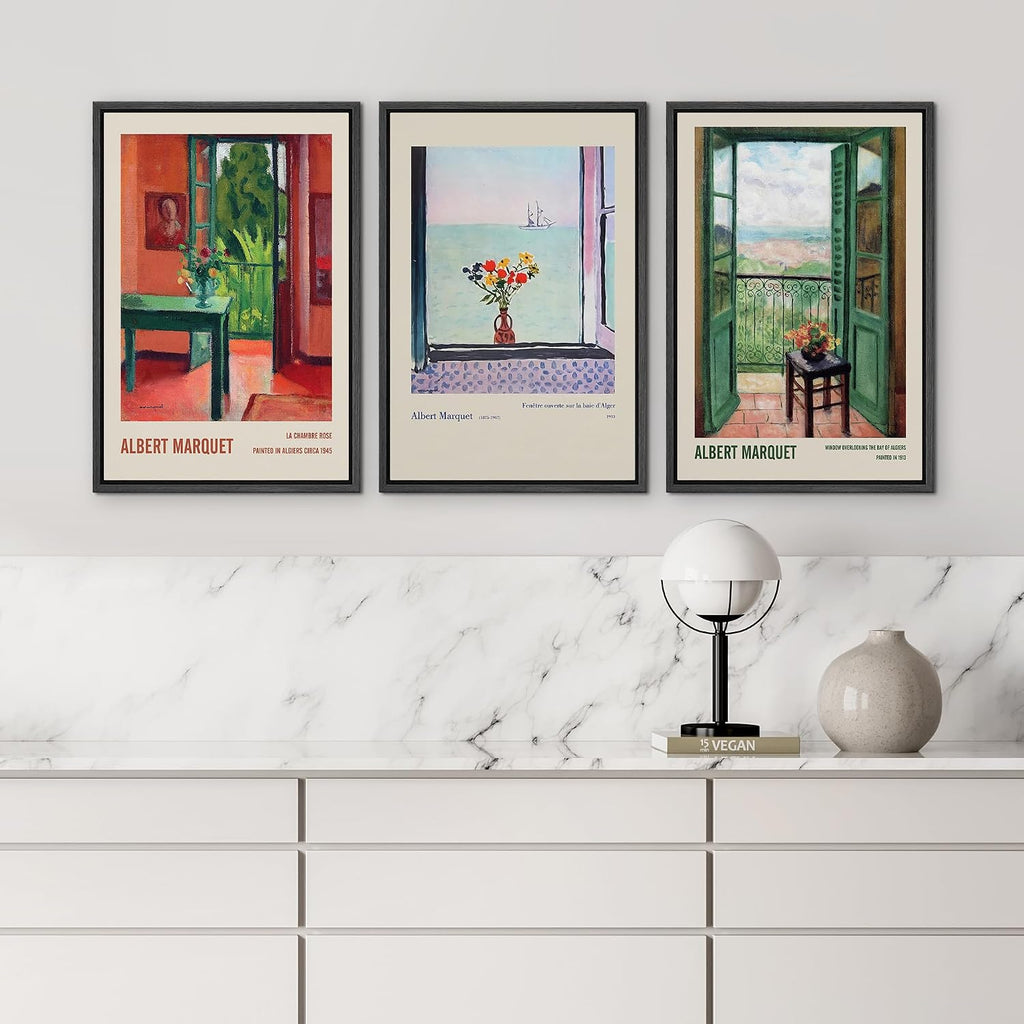 wall26 Framed Canvas Print Wall Art Set Albert Marquet Inspired Window Views Illustrations Modern Art Decorative Floral Botanical Minimal for Bedroom - 24'x36'x3 Black