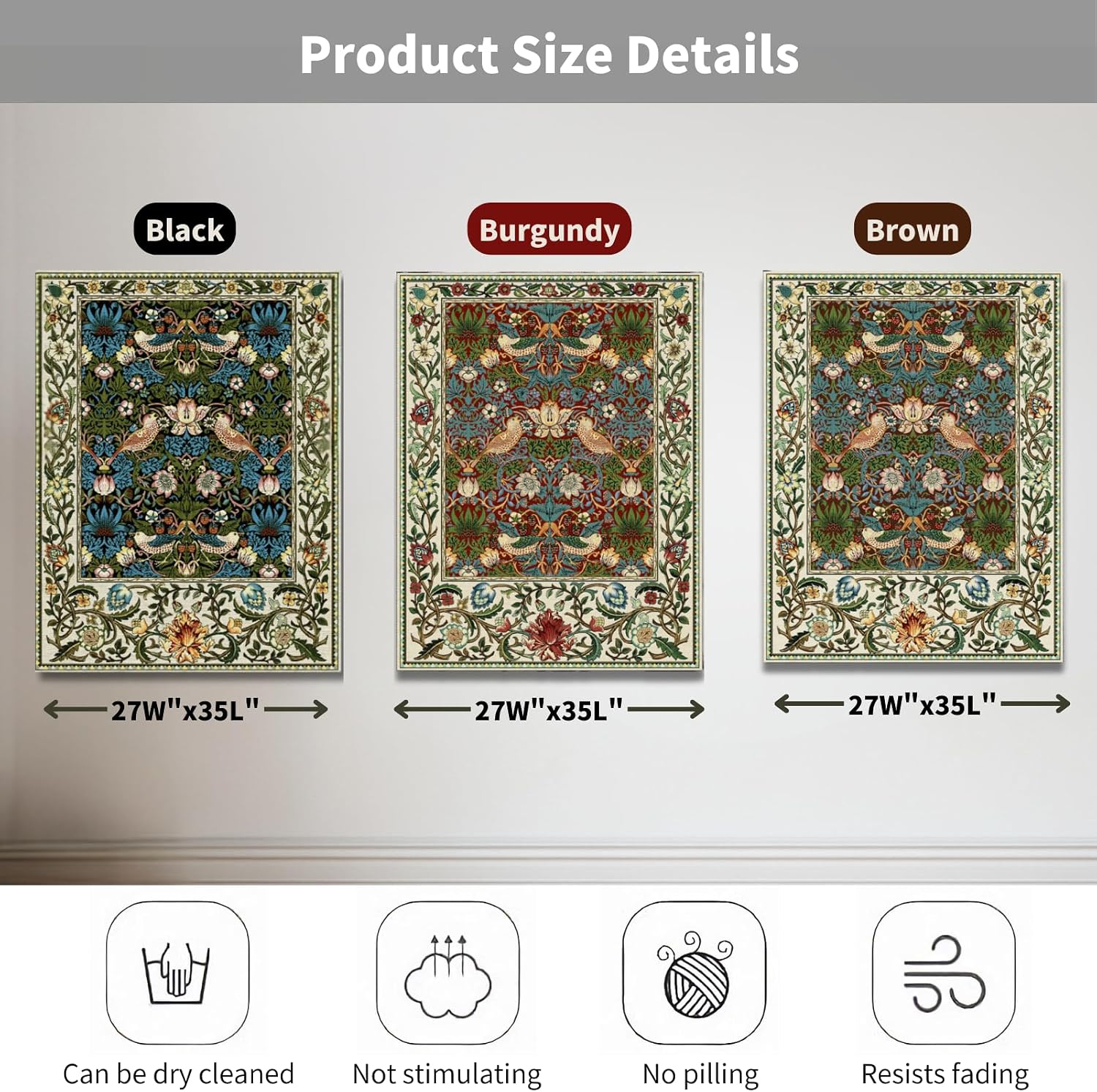 ORIMONY William Morris Strawberry Thief Tapestry - Vintage Floral Bird Art, Medieval Jacquard Woven Tapestry Wall Hanging for Living Room & Bedroom Size 27'x35' (Brown)