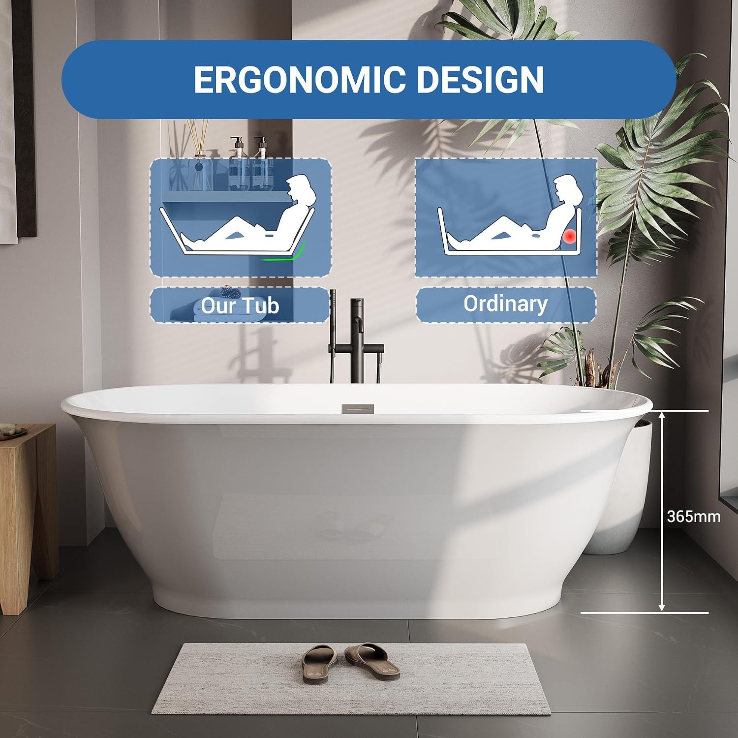GarveeHome 59' Freestanding Bathtub, Acrylic Soaking Tub with Overflow, Matte Silver Drain, Modern Stand Alone Tub, Deep Free Standing Bath Tub for Bathroom, Hotel, Easy Install, CUPC Certified, White