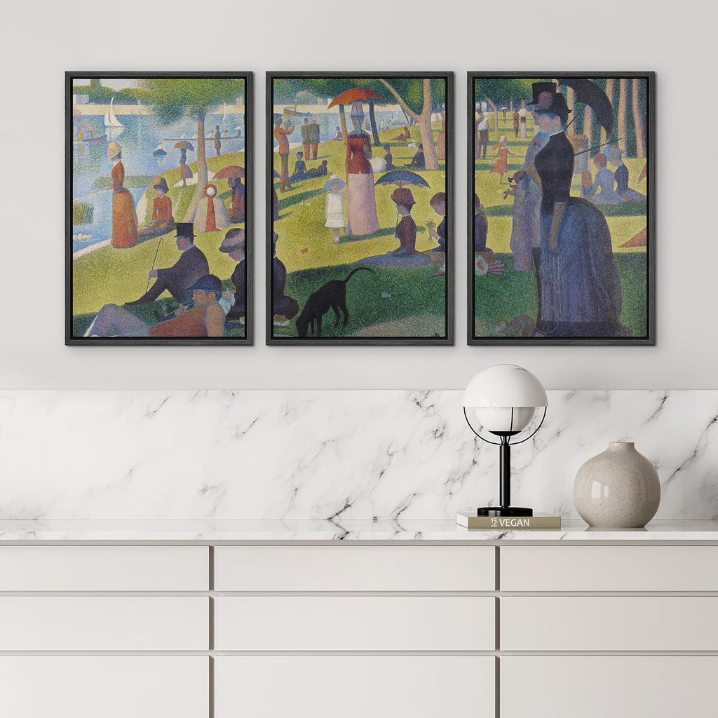 wall26 Framed Canvas Print Wall Art Set La Grande Jatte by Georges Seurat Cultural Historic Oil Painting Fine Art Reproduction Scenic Colorful for Living Room, Bedroom, Office - 16'x24'x3 Black