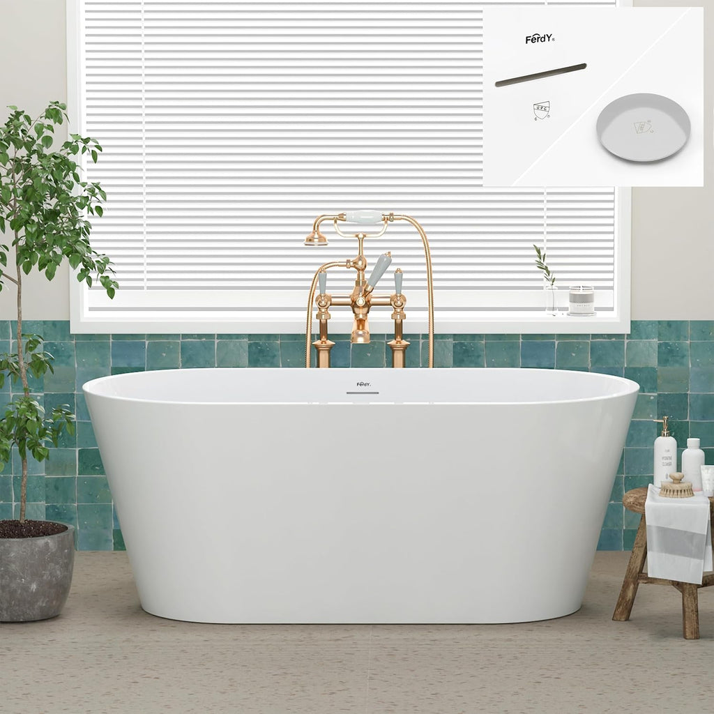 FerdY 59' Shangri-La Elite, Acrylic Freestanding Bathtub, Modern & Contemporary Design Soaking Tub with Polished Chrome Pop-Up Drain and Minimalist Design Overflow, Glossy White, cUPC Certified