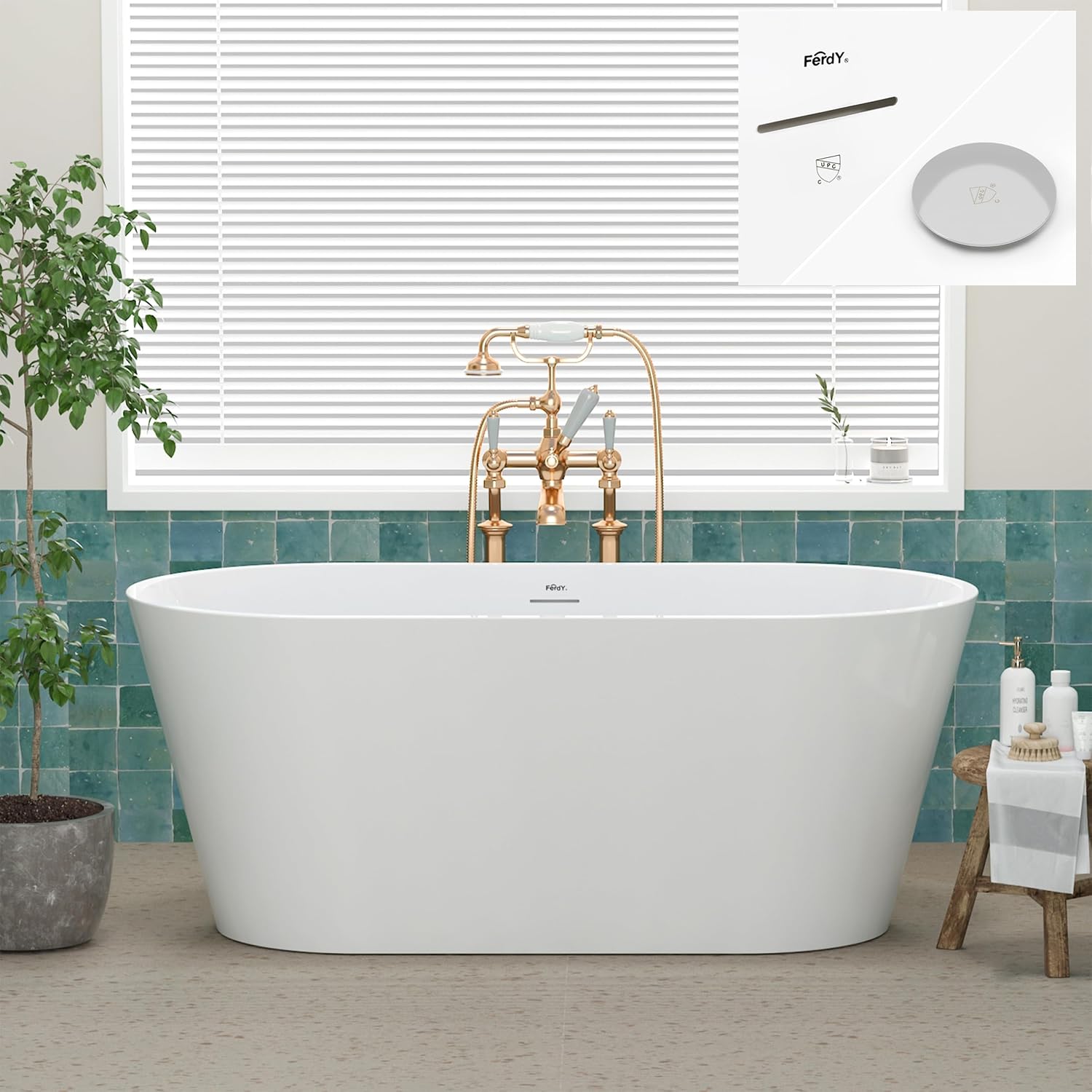 FerdY 59' Shangri-La Elite, Acrylic Freestanding Bathtub, Modern & Contemporary Design Soaking Tub with Polished Chrome Pop-Up Drain and Minimalist Design Overflow, Glossy White, cUPC Certified