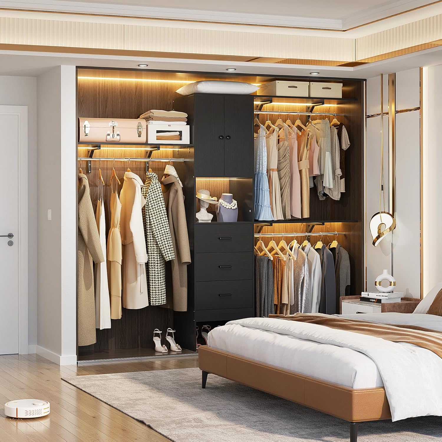Armocity 96 Inches Closet System with Doors, 8FT Walk In Closet Organizer with 3 Shelving Towers, Heavy Duty Clothes Garment Rack with 3 Wood Drawers, 96' L x 16' W x 80' H, Max Load 1000 LBS, Black