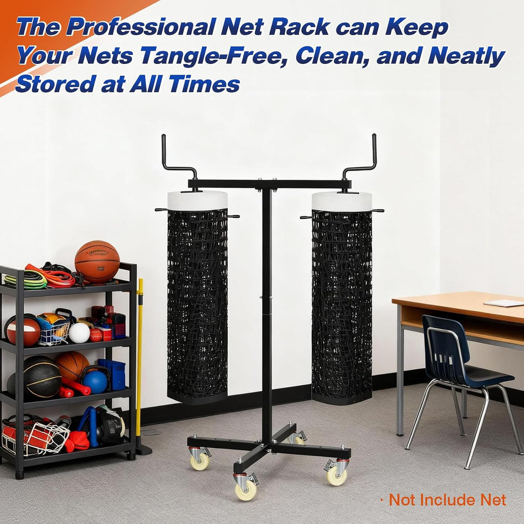 Movable Sports Net Storage Rack with Lockable Wheels, Heavy-Duty Holder for Volleyball, Tennis, Pickleball, Badminton Nets, Space-Saving Support Rack with Swivel Handle & Dust Covers