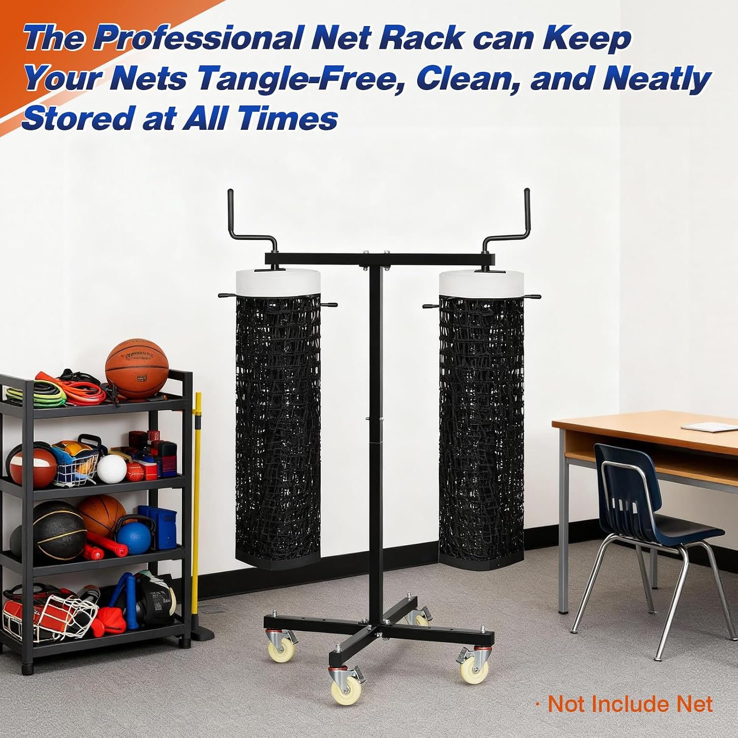 Movable Sports Net Storage Rack with Lockable Wheels, Heavy-Duty Holder for Volleyball, Tennis, Pickleball, Badminton Nets, Space-Saving Support Rack with Swivel Handle & Dust Covers