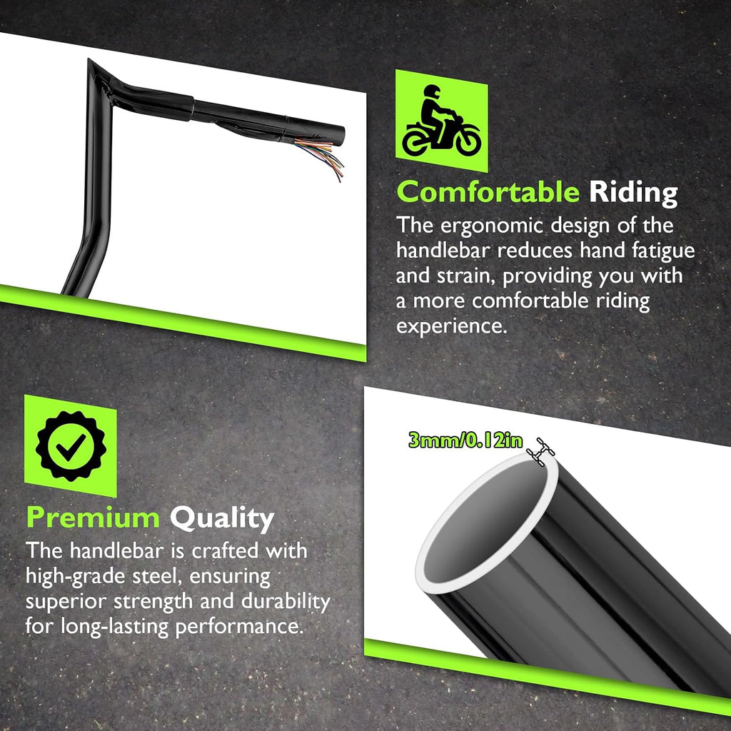 Mofun 10' Rise Pre-Wired Handlebars Ape Hangers 1 1/4' Fat 1' Clamp Compatible with Harley Touring Street Glide Electra Glide Ultra Limited, 2008-2013 Black