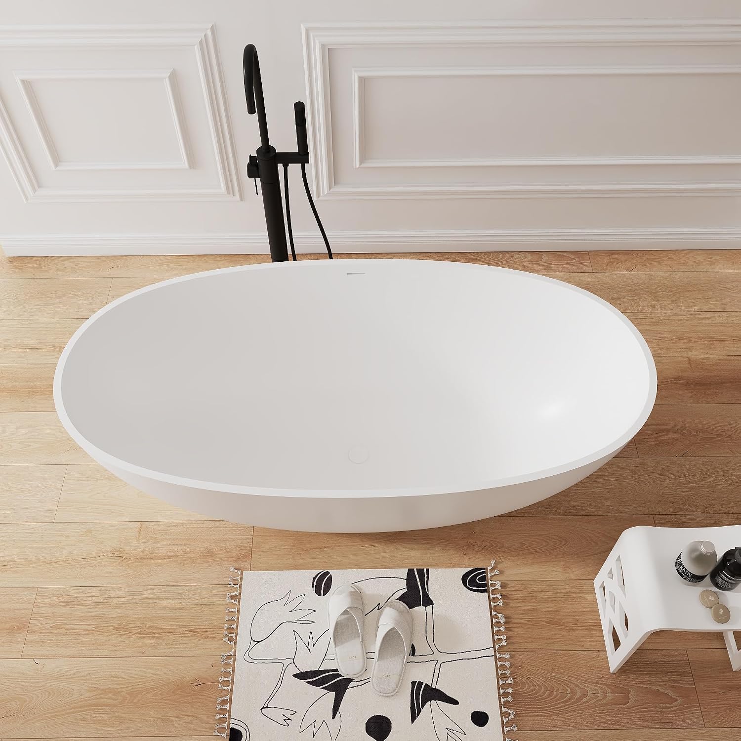 61' Premium Solid Surface Freestanding Soaking Bathtub,Oval Shape Stone Resin Tubs with Overflow and Pop-up Drain, Matte White