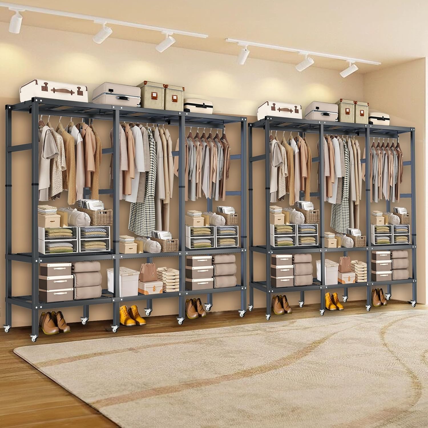 Freestanding Wardrobe Rack with Dust Cover and Wheels,Foldable Heavy-Duty Portable Closet, Multi-Functional Bedroom Clothing Rack,Max Load 1600lbs,for Hanging Clothes (190CM/74.8IN)