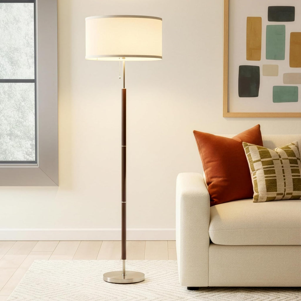 Brightech Carter LED Floor Lamp, Drum Shade with Walnut Wood Finish, Great Living Room Décor, Mid-Century Light for Living Rooms & Offices, Mid Century Modern Lamp for Bedroom