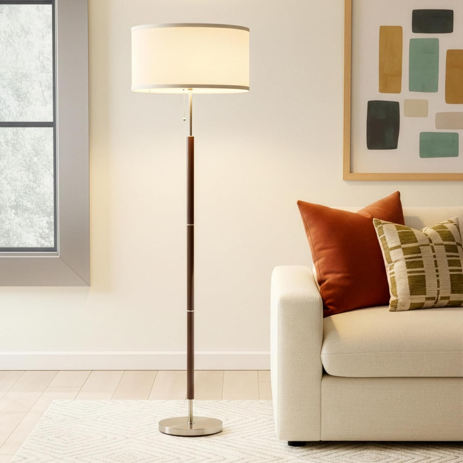 Brightech Carter LED Floor Lamp, Drum Shade with Walnut Wood Finish, Great Living Room Décor, Mid-Century Light for Living Rooms & Offices, Mid Century Modern Lamp for Bedroom