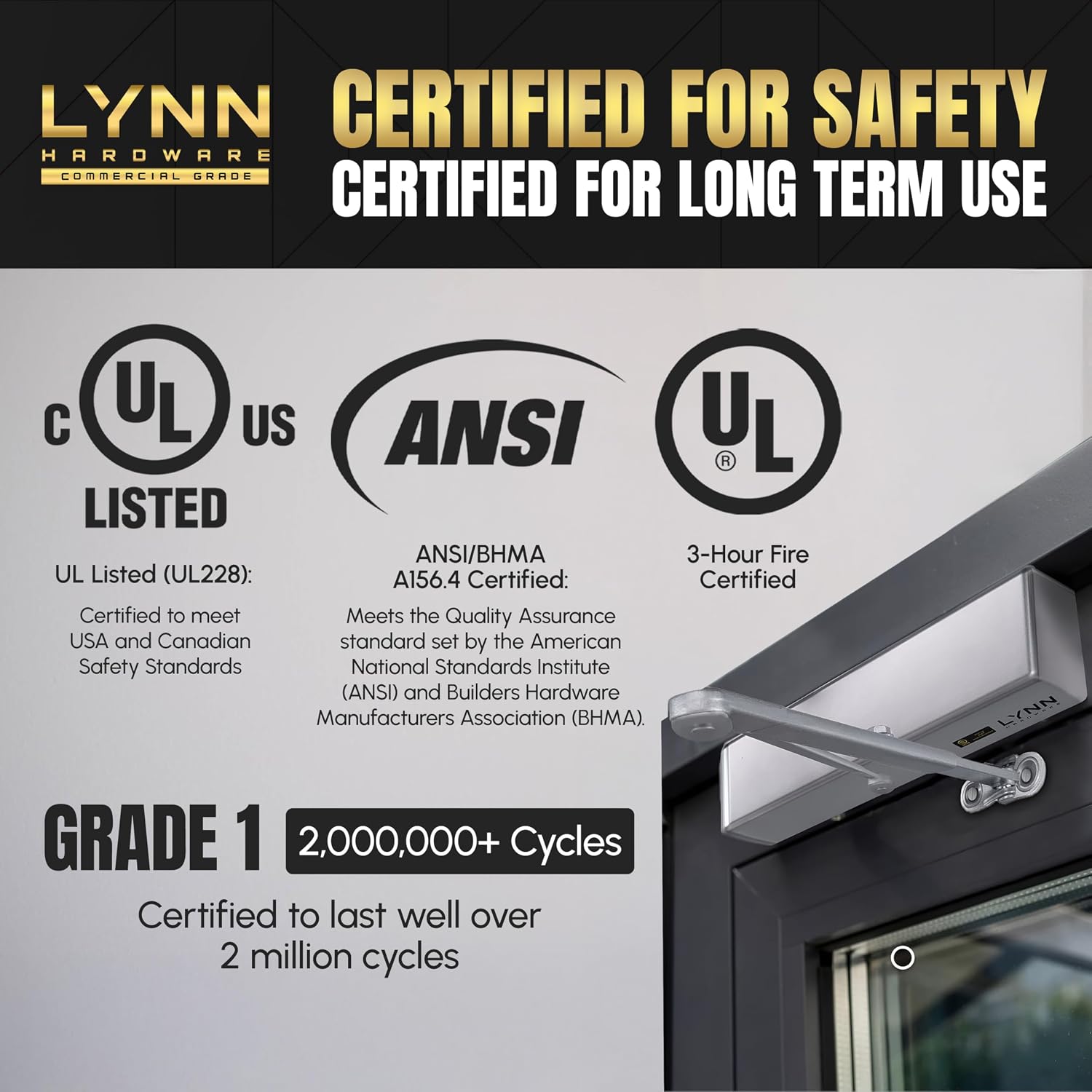 LYNN HARDWARE Extra Heavy Duty Automatic Door Closer (Matte Black) - Commercial Grade, Contractors Choice, Adjustable Speed, Delayed Closing Timer, 3 Mounting Options, 3 Hour Fire Rated (DC9016 Model)