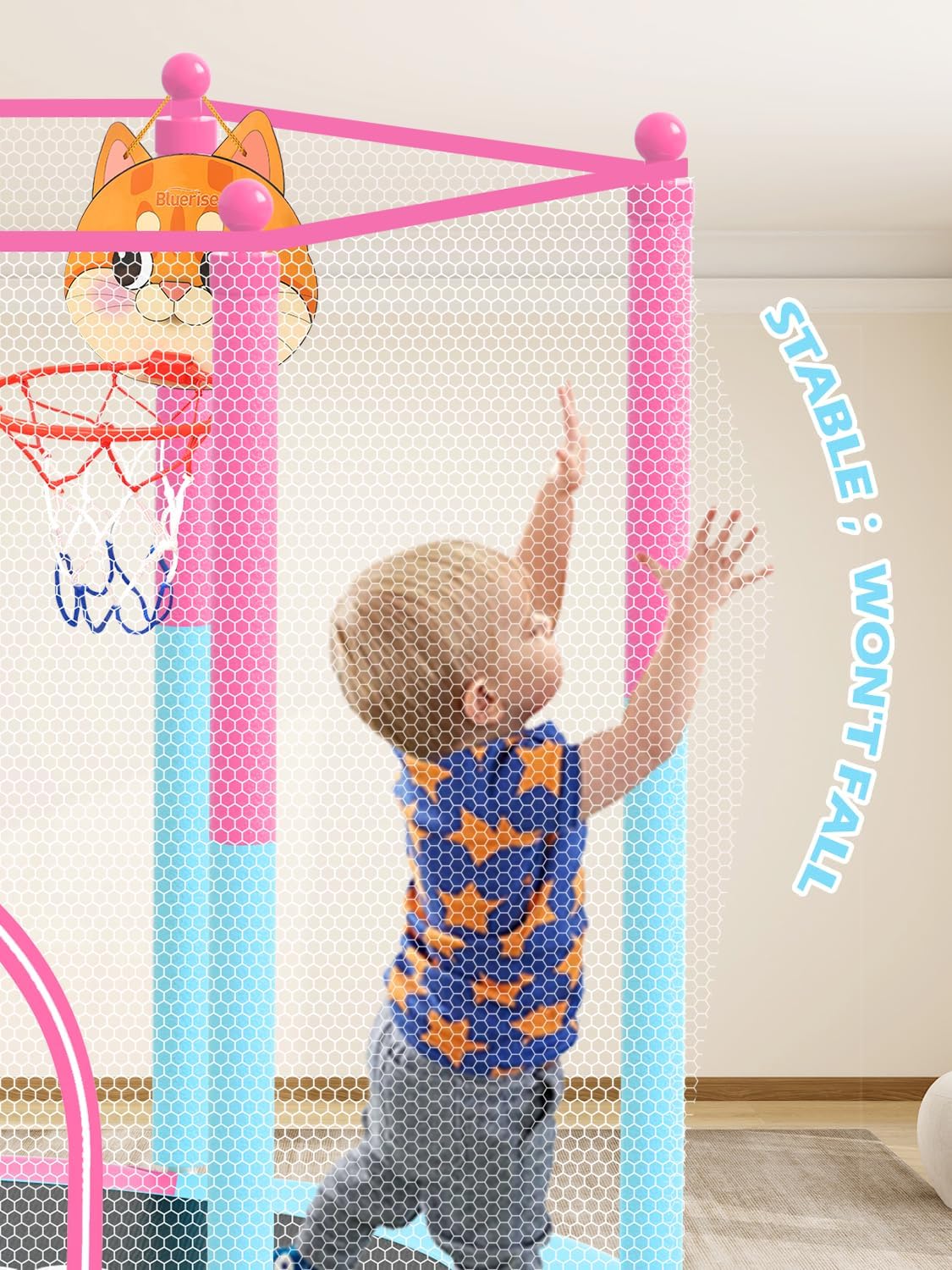 BLUERISE 60' Trampoline for Kids 5FT Toddler Trampolines Indoor/Outdoor with Adjustable Gymnastics Bar & Safety Net, No-Gap Design, Anti-Rollover Bottom, Basketball Hoop, Gifts for Boys & Girls