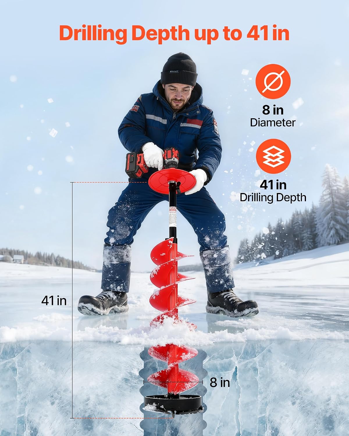 VEVOR Nylon Ice Auger Drill Bit, 8' Diameter 41' Length, Cordless Ice Augers for Ice Fishing with Extra 13.4in Extension Rod, Drill Adapter, Top Plate and Blade Guard