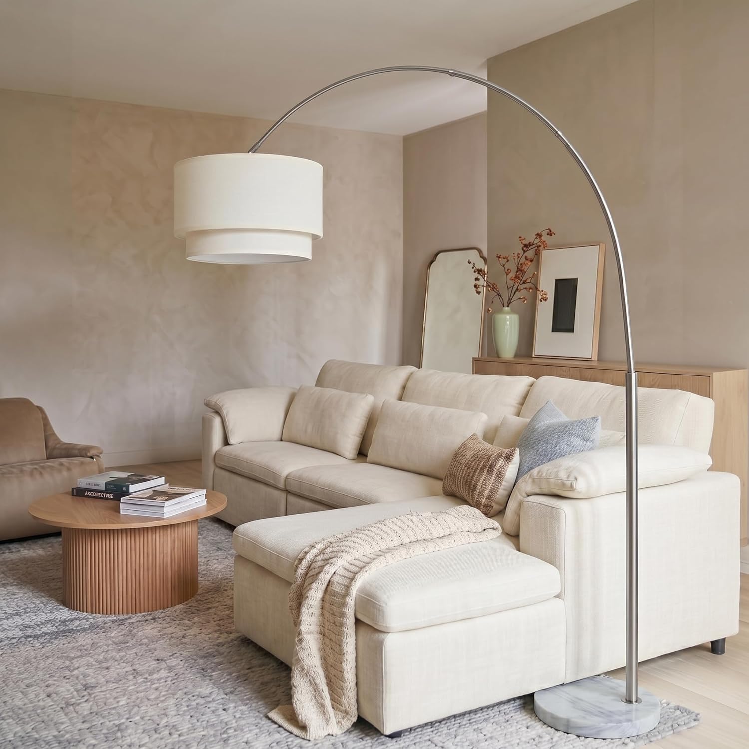 Brightech Mason Arc Floor Lamp - Modern Corner Standing Lamp with Unique Hanging Drum Lamp Shade for Living Room - Bright Overhead, Curved Hanging Light for Bedroom. Library, Den - Nickel