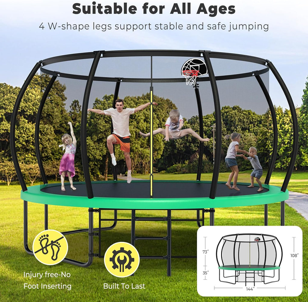 Lyromix 12 14 15 16FT Outdoor Trampolines for Kids and Adults, Pumpkin Trampolin with Curved Poles, Recreational Trampolin with Basketball Hoop and Safety Enclosure Net for Kids and Adults
