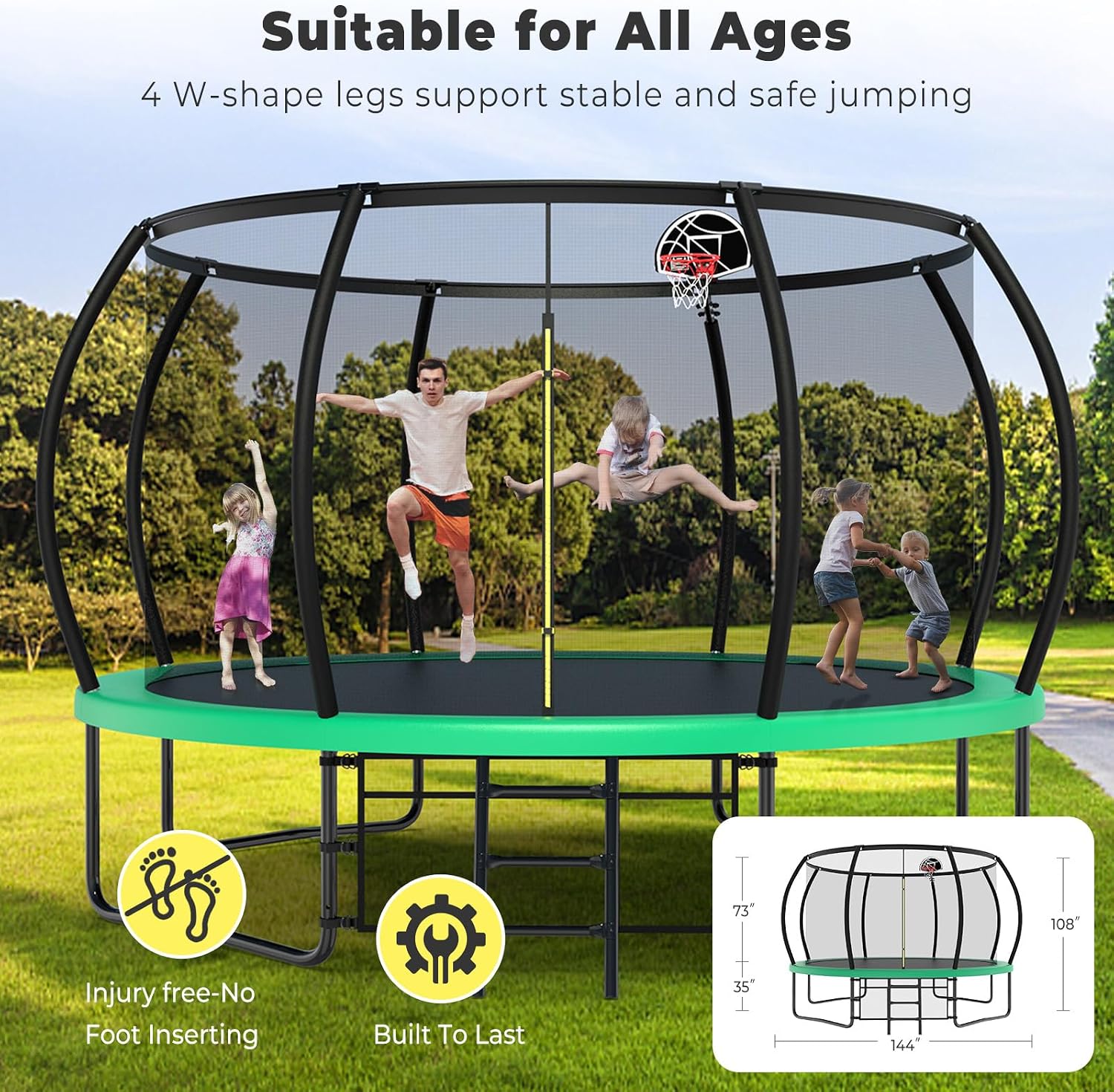 Lyromix 12 14 15 16FT Outdoor Trampolines for Kids and Adults, Pumpkin Trampolin with Curved Poles, Recreational Trampolin with Basketball Hoop and Safety Enclosure Net for Kids and Adults