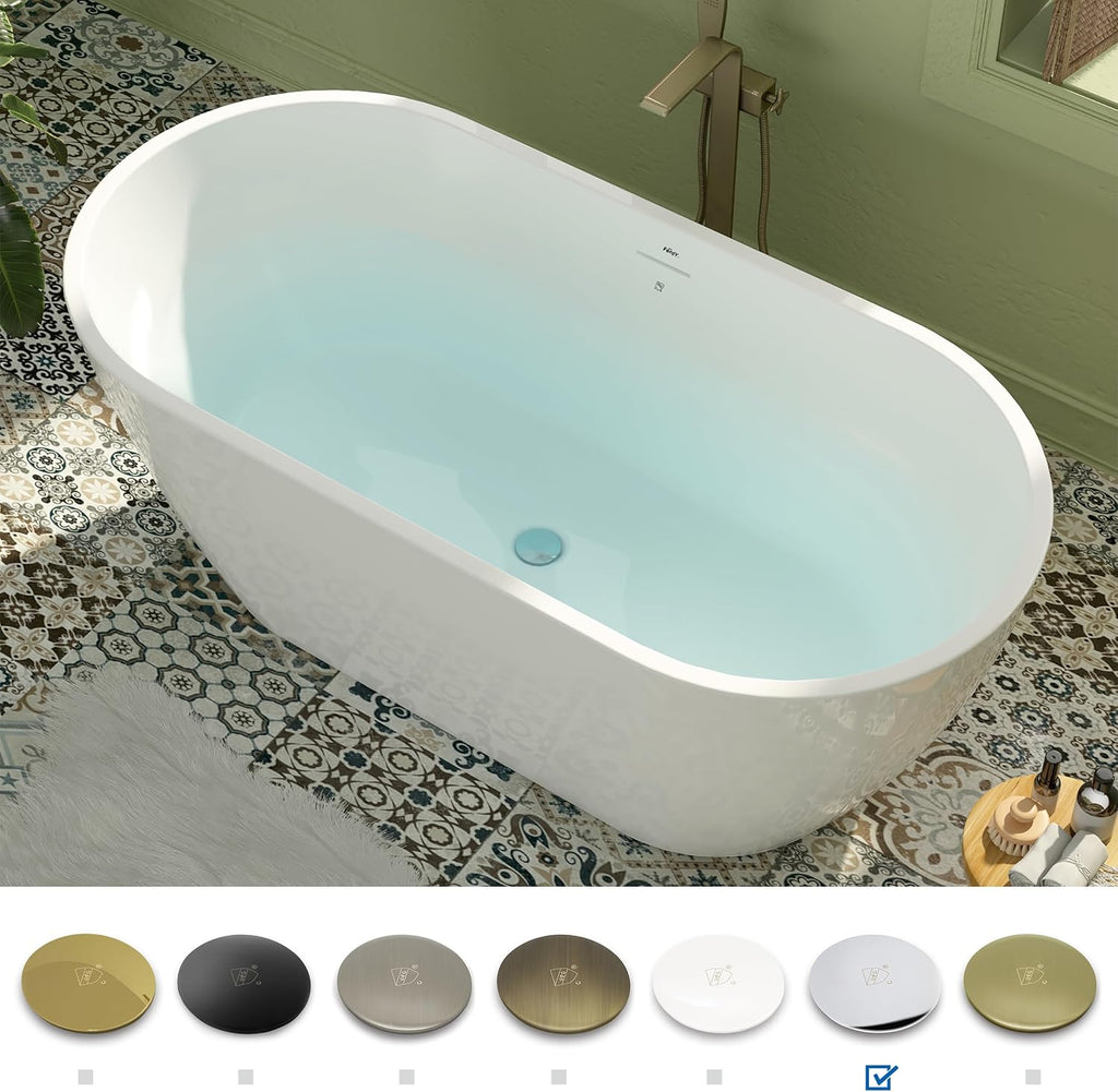 FerdY 59' Bali Elite Acrylic Freestanding Bathtub, Gracefully Shaped Freestanding Soaking Bathtub, cUPC Certified, Toe-Tap Chrome Drain and Minimalist Linear Design Overflow Included