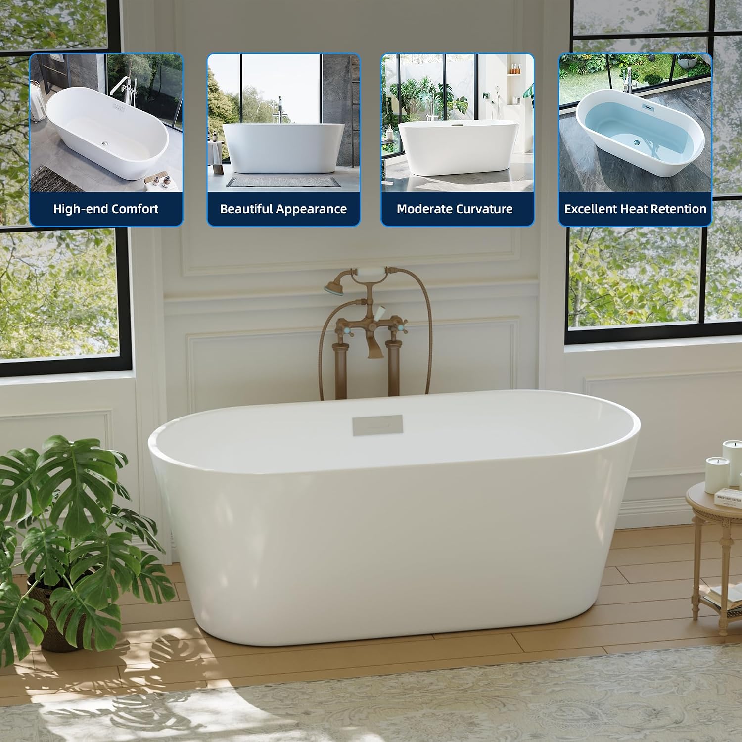 59 Inch Freestanding Bathtub, Acrylic Soaking Bathtub with Chrome Drain and Overflow, Standalone Ergonomic Tub for Bathroom Relaxation, Deep Design for Family and Guest Use