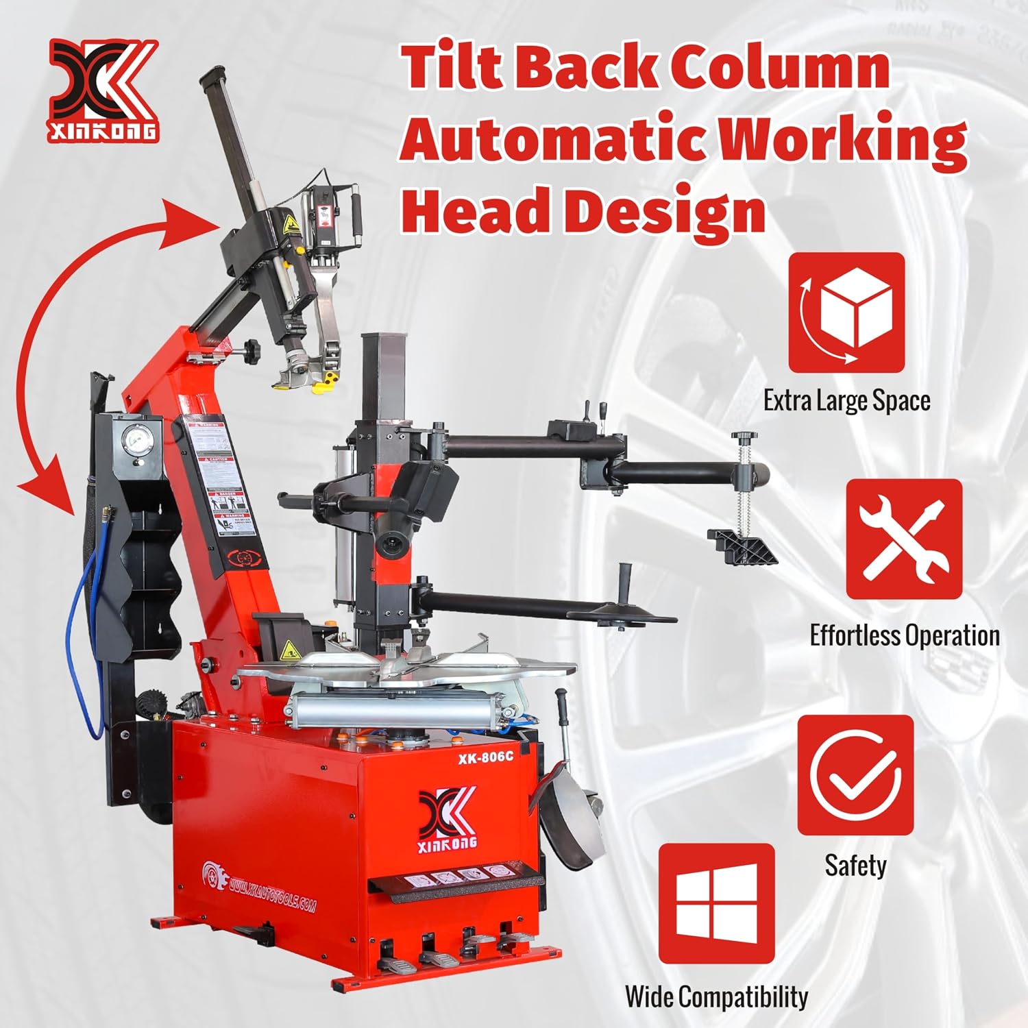XK-806C Tire Changer Machine Tilt Back Column Automatic Working Head 2.0 Horsepower Rim Clamp 12-28 Inches with 12 Month Parts Replacement