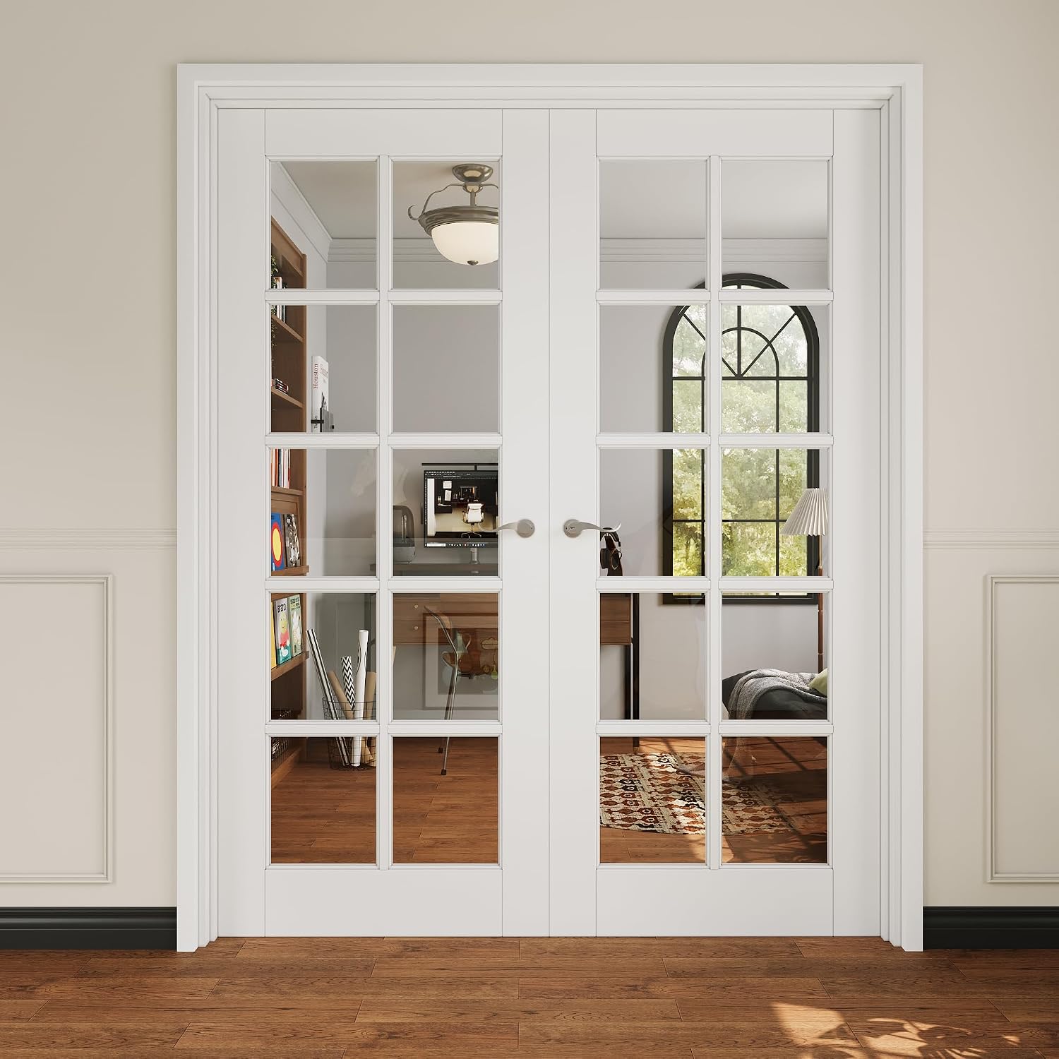 French Door 60' x 80' (Double 30' x 80') 10-Lite Clear Glass Door Slabs with Pre-Hung Jamb, Silver Hinges, Levers and Latch, White Primed, French Interior Doors with Frame, Swing Double Bedroom Doors