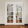 French Door 64' x 80' (Double 32' x 80') 10-Lite Clear Glass Door Slabs with Pre-Hung Jamb, Silver Hinges, Levers and Latch, White Primed, French Interior Doors with Frame, Swing Double Bedroom Doors