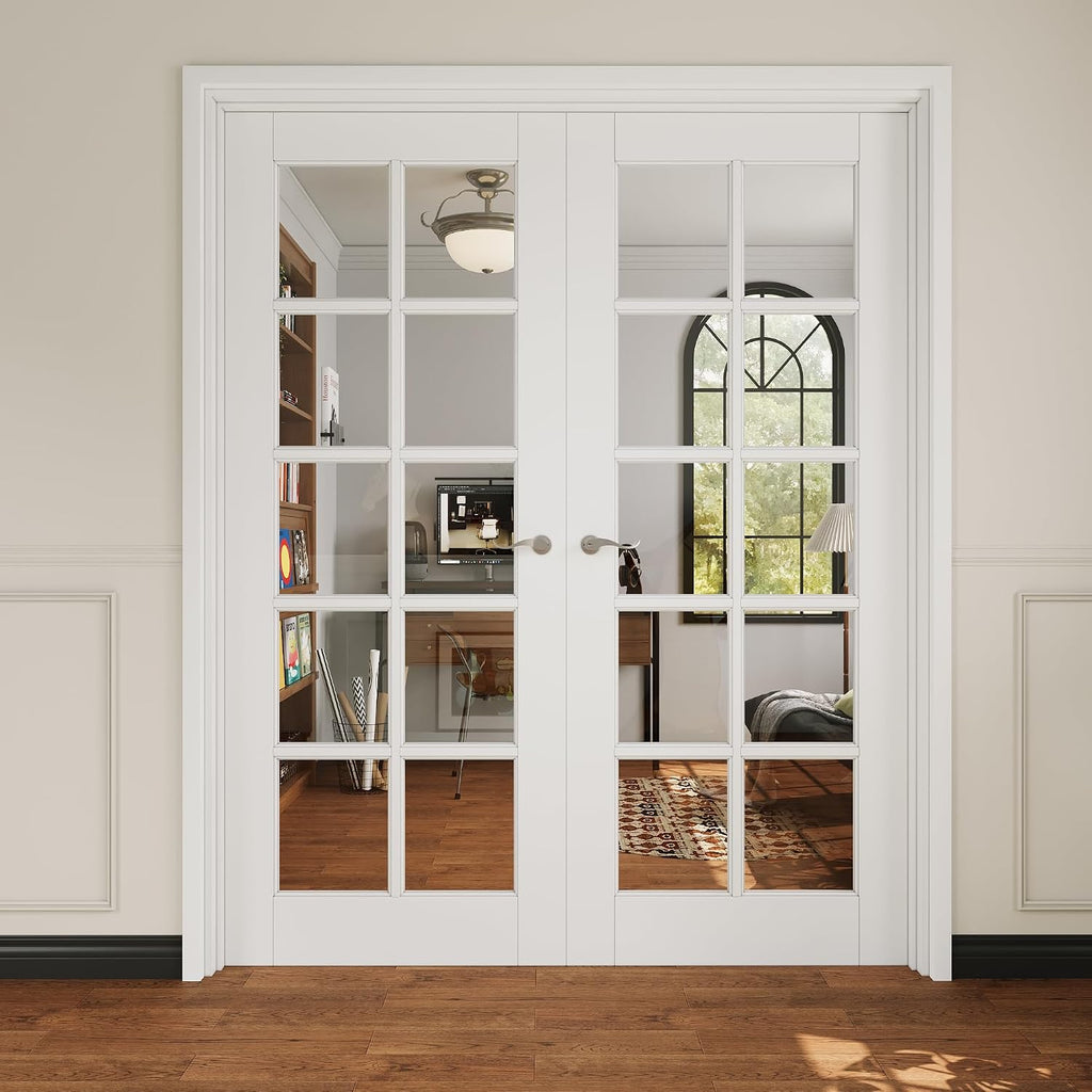 French Door 72' x 80' (Double 36' x 80') 10-Lite Clear Glass Door Slabs with Pre-Hung Jamb, Silver Hinges, Levers and Latch, White Primed, French Interior Doors with Frame, Swing Double Bedroom Doors