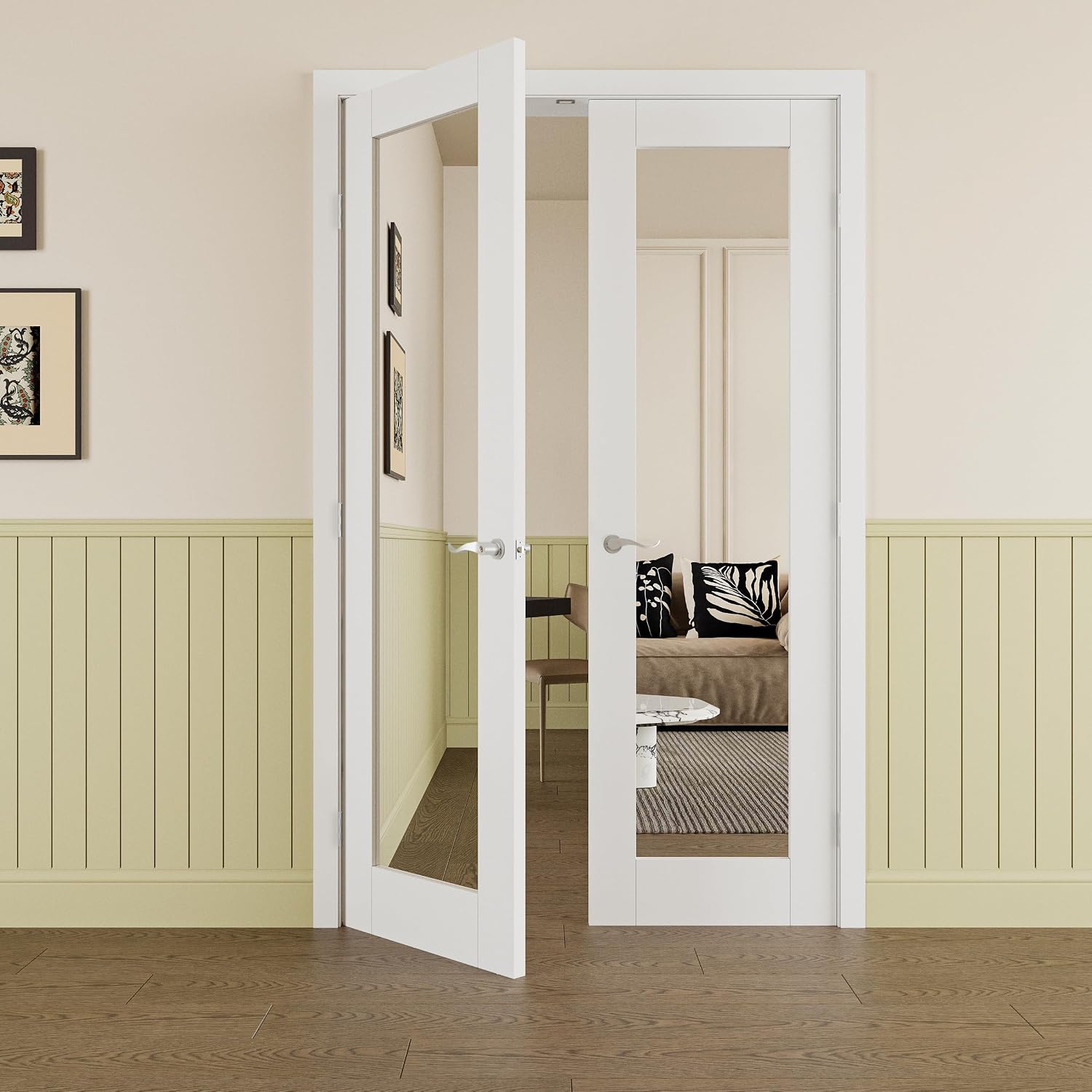 Prehung French Door 36' x 80' (2x18 in), Mirror Door Slabs with Jamb, Silver Hinges, 4 Levers & Latch, Solid Core Interior Door, Pre-Finished & Paintable, One Side Mirror & The Opposite White