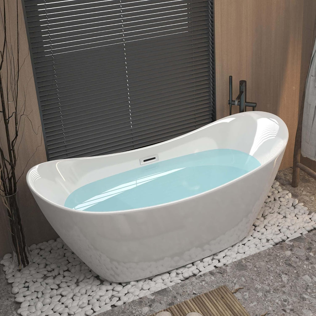 67' Oval Freestanding Soaking Bathtub with Toe-Tap Chrome Drain & Adjustable Leveling Feet, Stand Alone Tub, Acrylic Soaking Tub, Ergonomic (67')