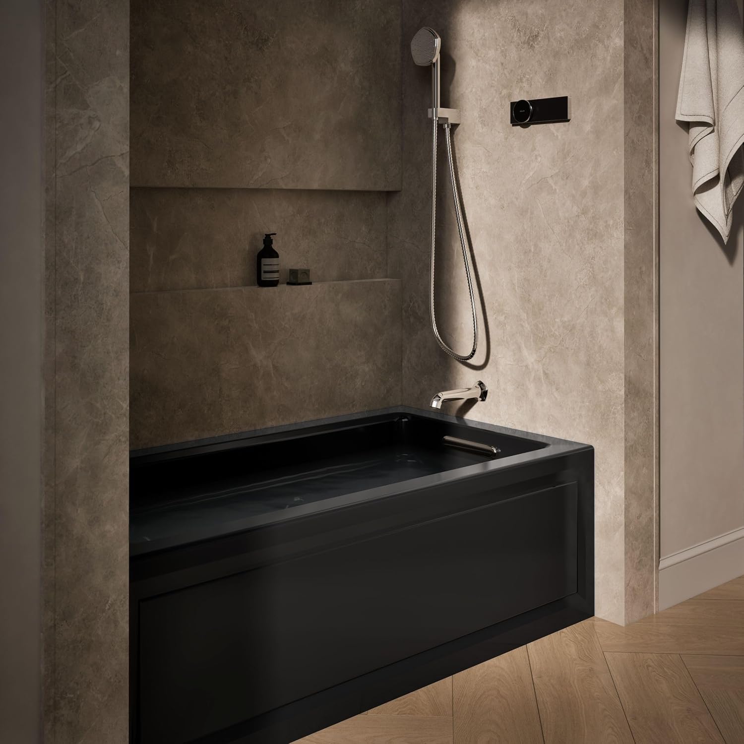 Kohler K-1122-RA-7 Archer 5Ft Whirlpool with Comfort Depth Design, Integral Apron and Right-Hand Drain, Less Heat, Black Black