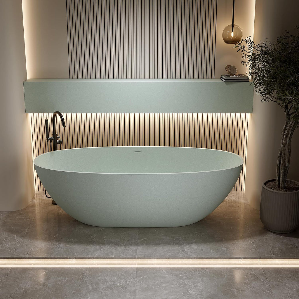 59'' Freestanding Bathtub Resin Stone Soaking Bathtub Solid Tubs with Overflow and Pop up Drain