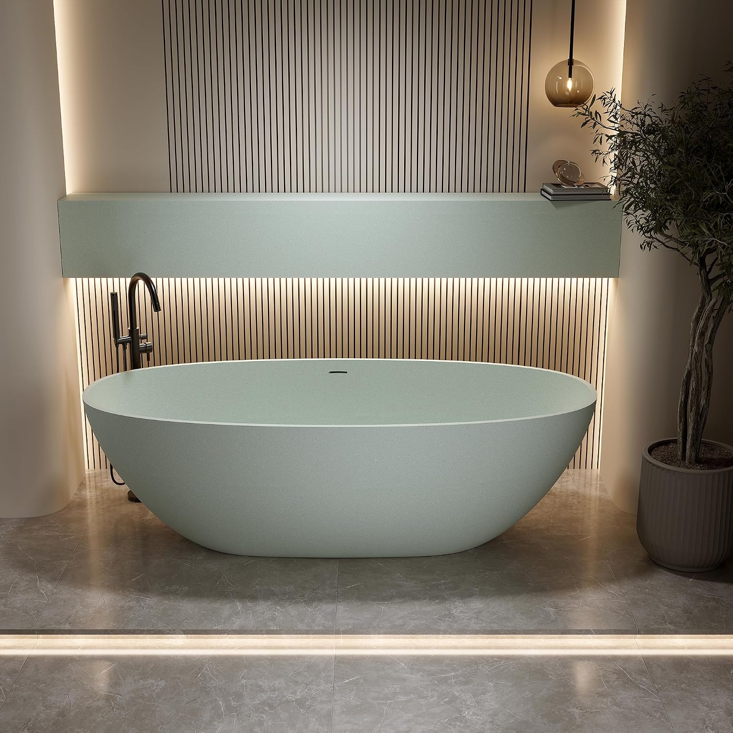 59'' Freestanding Bathtub Resin Stone Soaking Bathtub Solid Tubs with Overflow and Pop up Drain