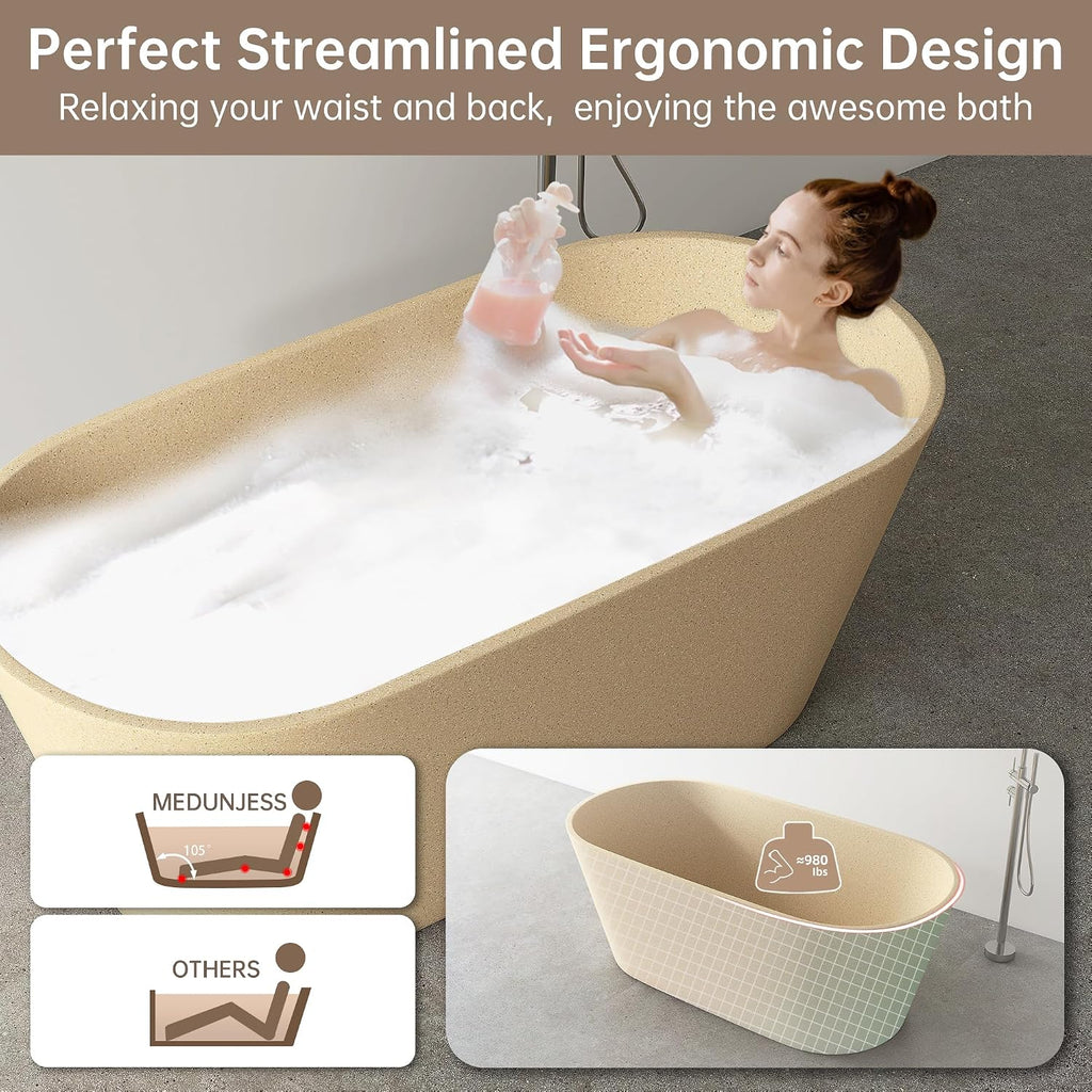 Terrazzo Free Standing Tub 59', Solid Surface Soaking Freestanding Bathtub, Stone Tub with Pop-up Drain