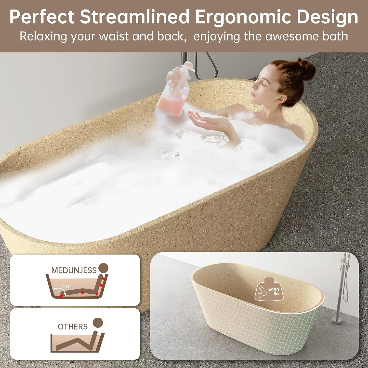 Terrazzo Free Standing Tub 59', Solid Surface Soaking Freestanding Bathtub, Stone Tub with Pop-up Drain