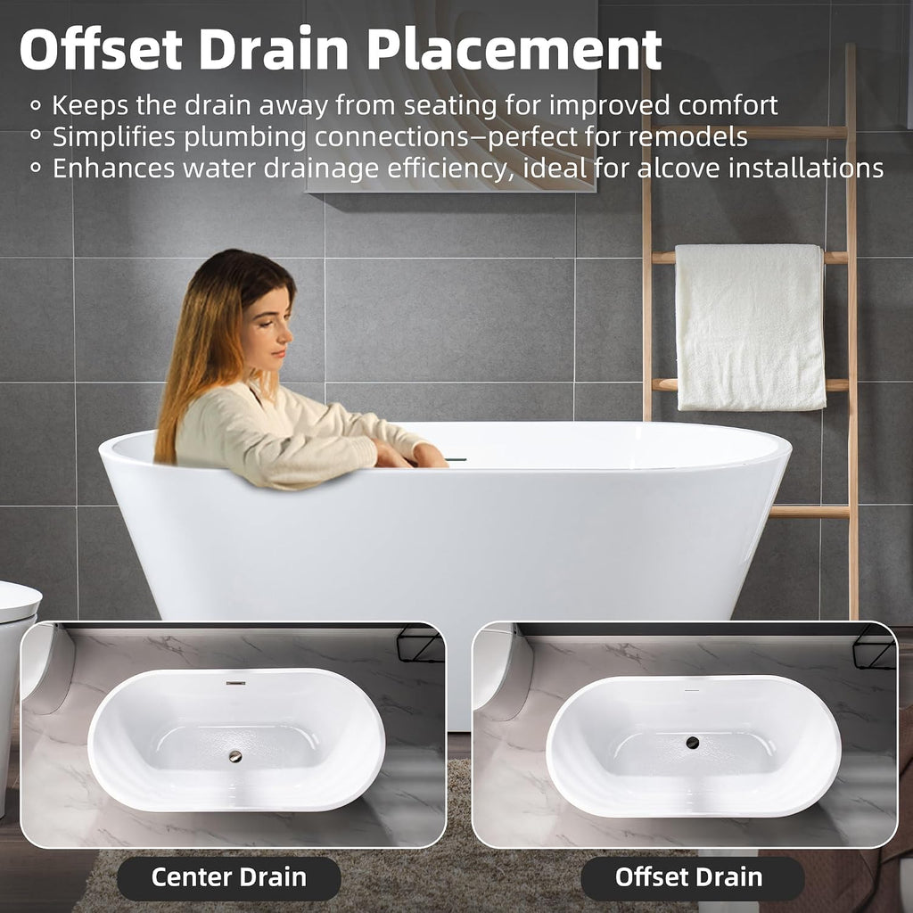 WOODBRIDGE 59 X 29.5 X 22.8' freestanding soaking bathtub with matte black drain included, White WE009