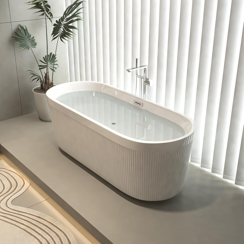 59' Acrylic Freestanding Bathtub with Unique Pleated Design: Spacious Oval Shape, Gloss White Finish, Chrome Overflow & Pop-Up Drain