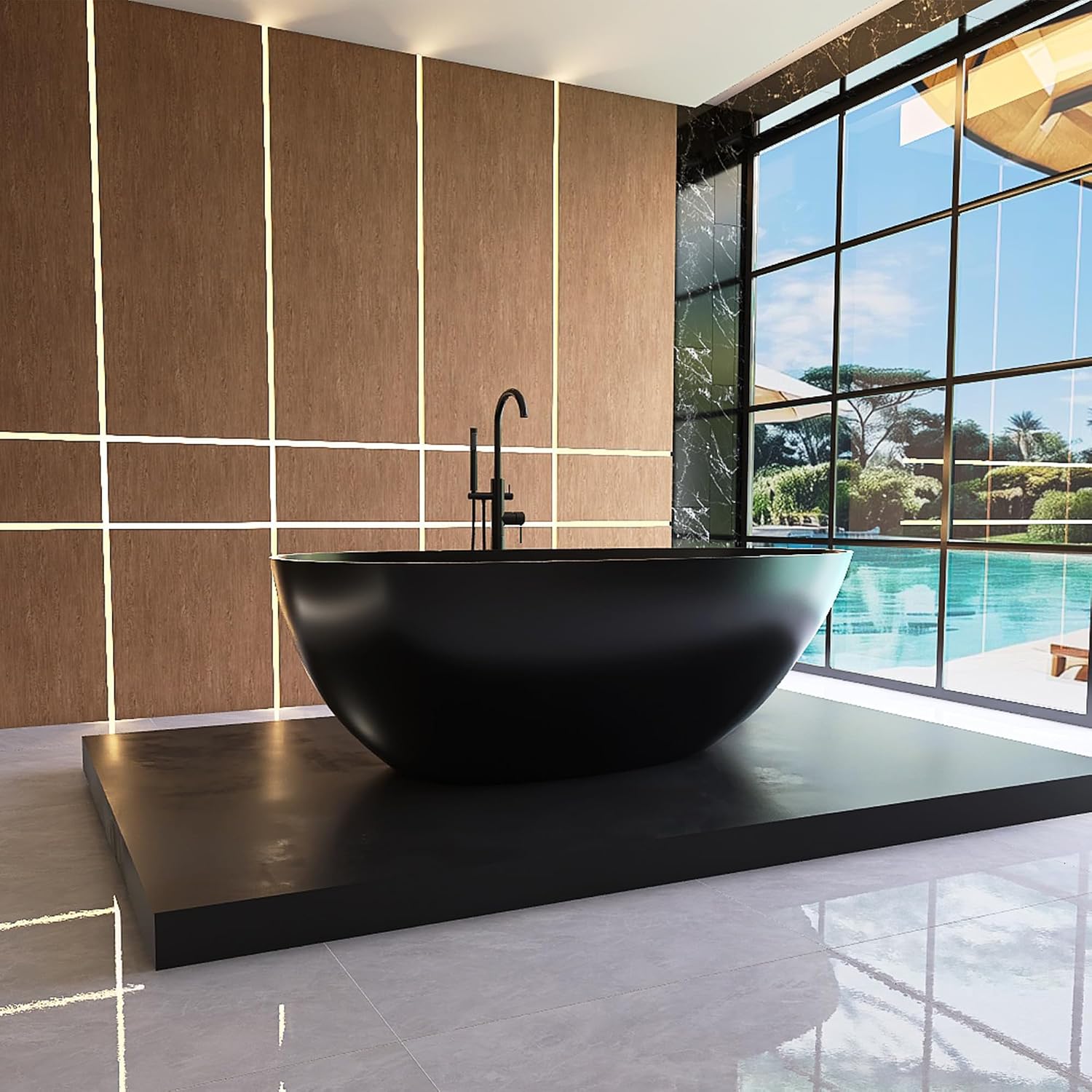 67' Freestanding Bathtub, Contemporary Soaking Bathtub, Easy to Install, Solid Surface Soaking Tub with Overflow and Pop-up Drain, Matte Black 302MB1700