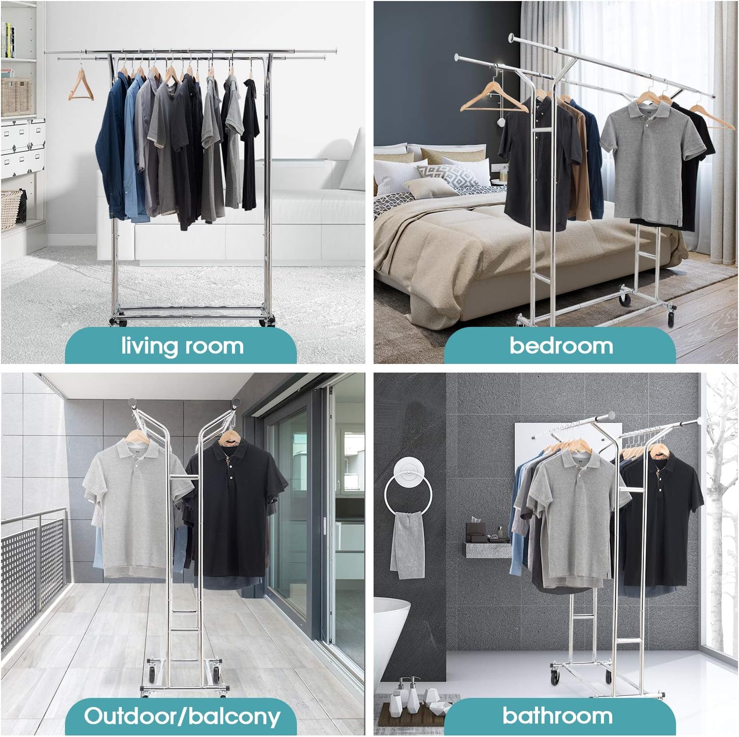 Auledio Clothes Garment Rack, Commercial Grade Clothes Rolling Heavy Duty Storage Organizer on Wheels with Adjustable Clothing Rack, Holds up to 250 lbs, Chrome (Two Heads)