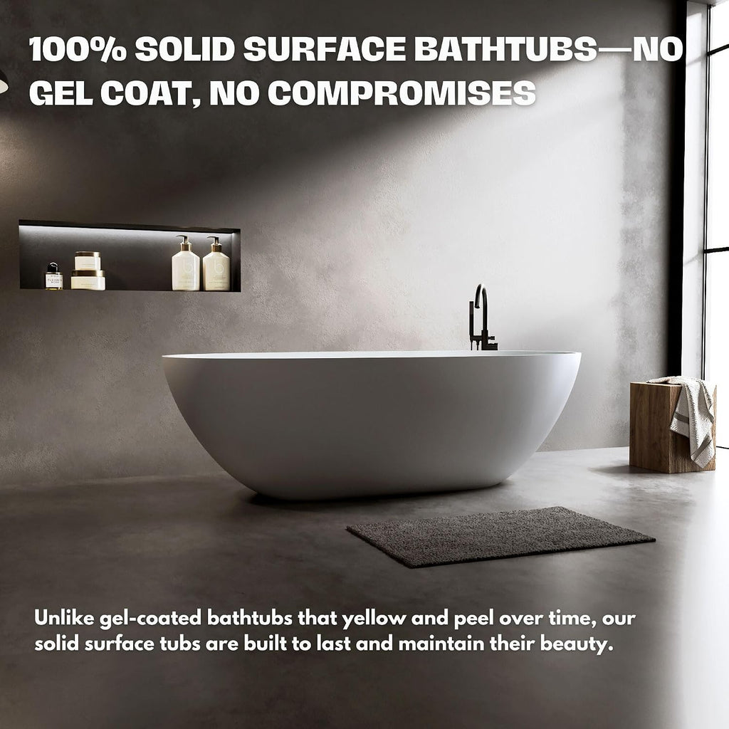 H2O Oval 59 in. x 30.7 in. Solid Surface Stone Resin Freestanding Bathtub, 15 in. Soaking Depth, Ergonomic Backrest, Matte White, Center Drain with Overflow, Durable, Easy to Clean
