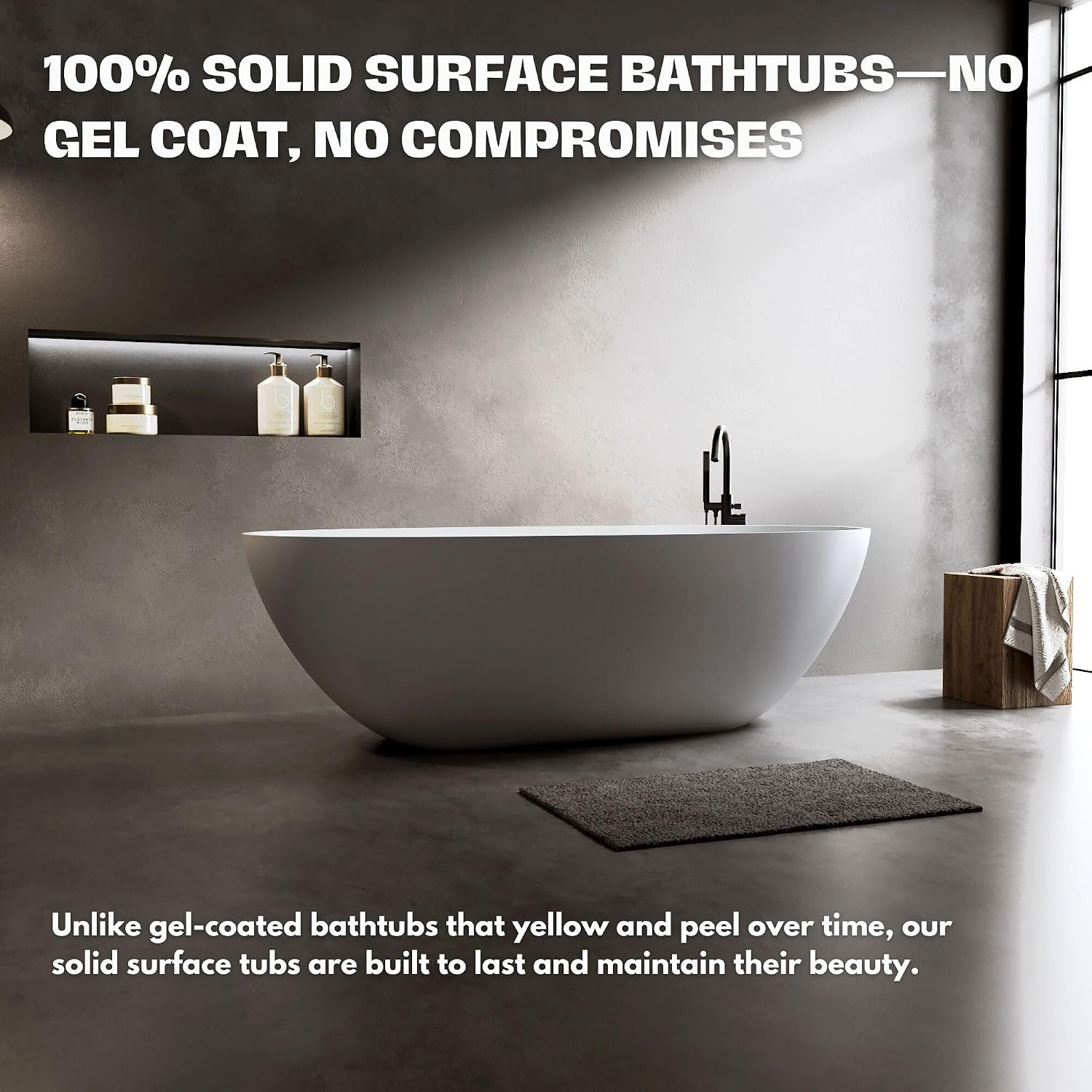 H2O Oval 59 in. x 30.7 in. Solid Surface Stone Resin Freestanding Bathtub, 15 in. Soaking Depth, Ergonomic Backrest, Matte White, Center Drain with Overflow, Durable, Easy to Clean