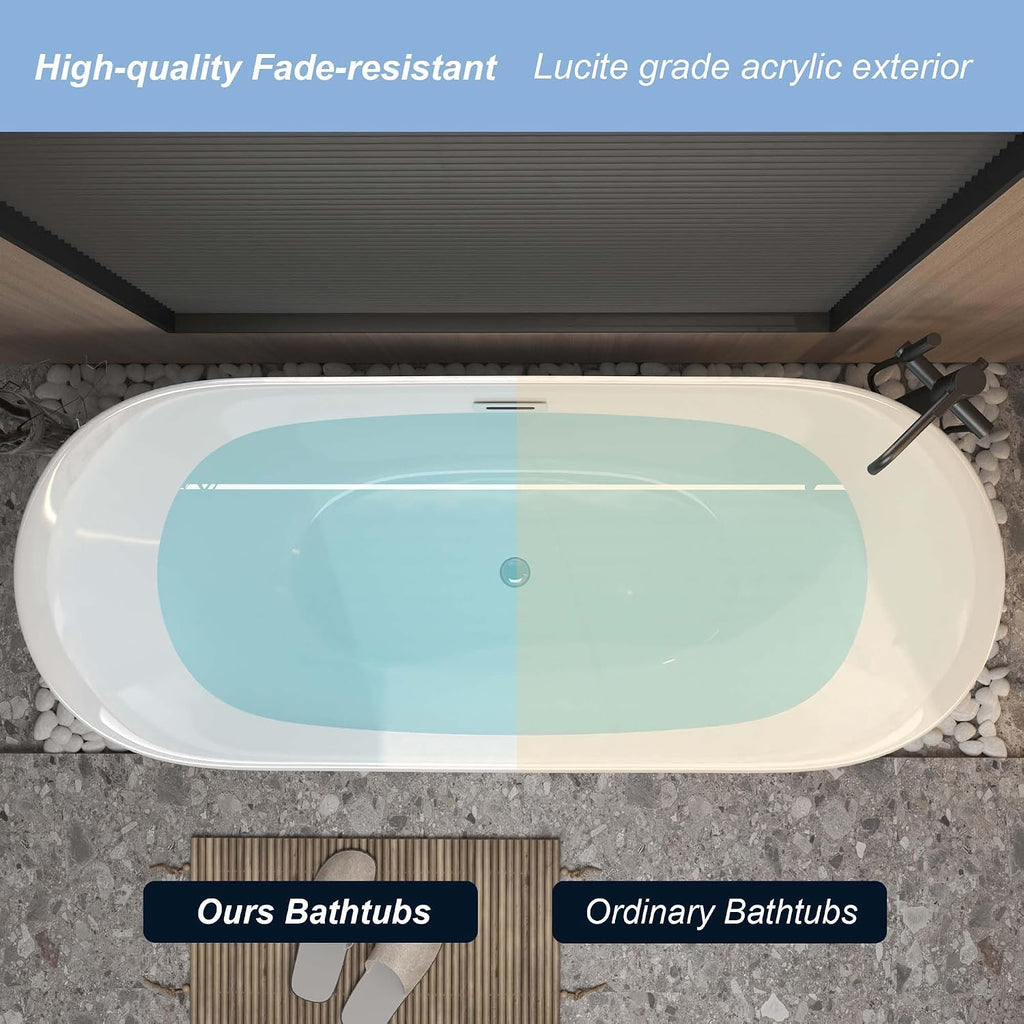 59' Oval Freestanding Soaking Bathtub with Toe-Tap Chrome Drain & Adjustable Leveling Feet, Stand Alone Tub, Acrylic Soaking Tub, Ergonomic (59')